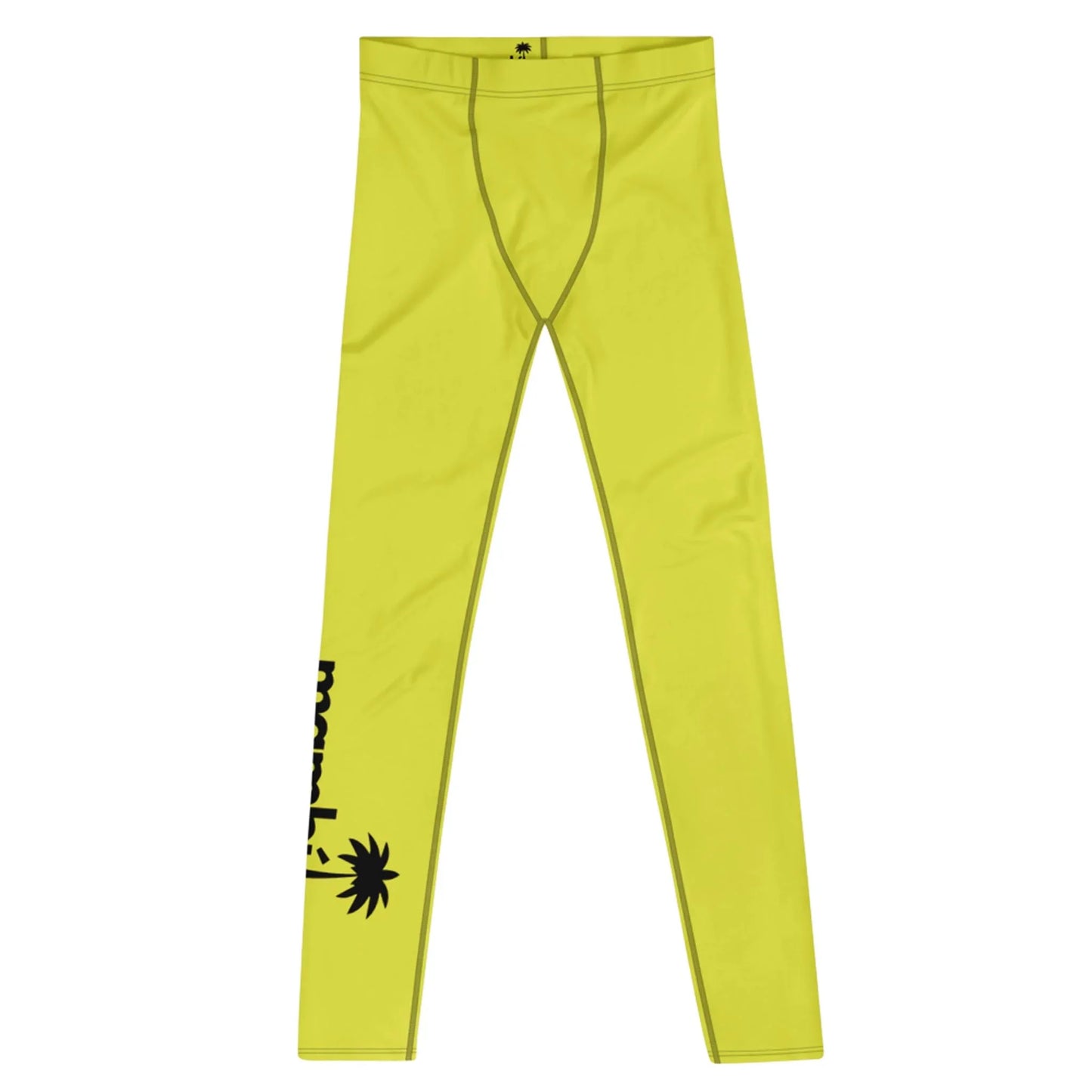 Bright yellow Mambí leggings with black stitching and a bold black palm tree graphic and text on the left leg, laid flat on a white background.