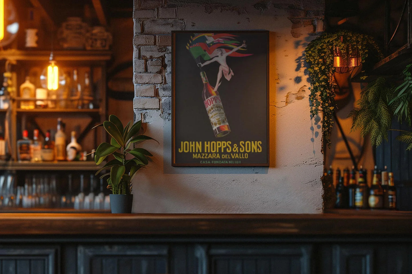 A cozy bar interior with a plant on the counter and a vintage-style Mambí poster on a brick wall, featuring a colorful bottle and horse illustration that reads John Hopps & Sons Mazzara del Vallo.