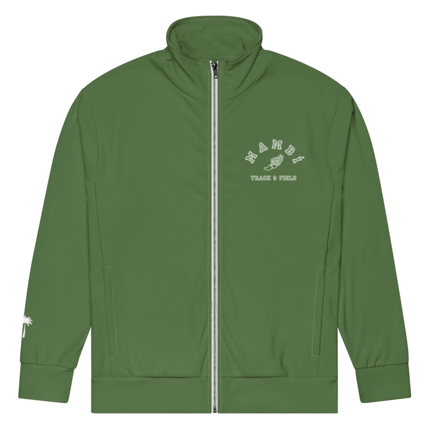 A green Mambí track jacket with a full front zipper. The left chest features white text reading “MIAMI TRACK & FIELD” with a winged shoe graphic, while a small white palm tree graphic accents the left sleeve near the cuff.