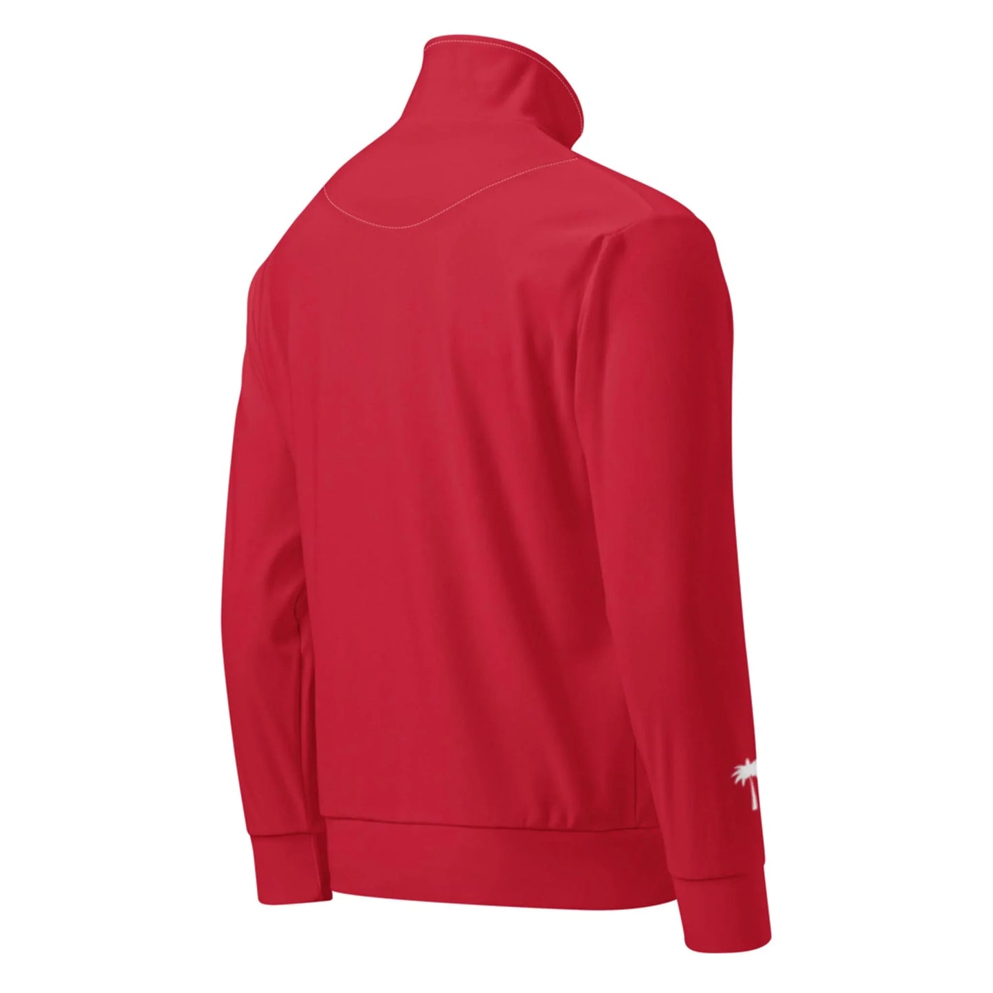 A red, long-sleeve Mambí track jacket viewed from the back, featuring a high collar, ribbed cuffs and hem, and a small white palm tree graphic near the left wrist.