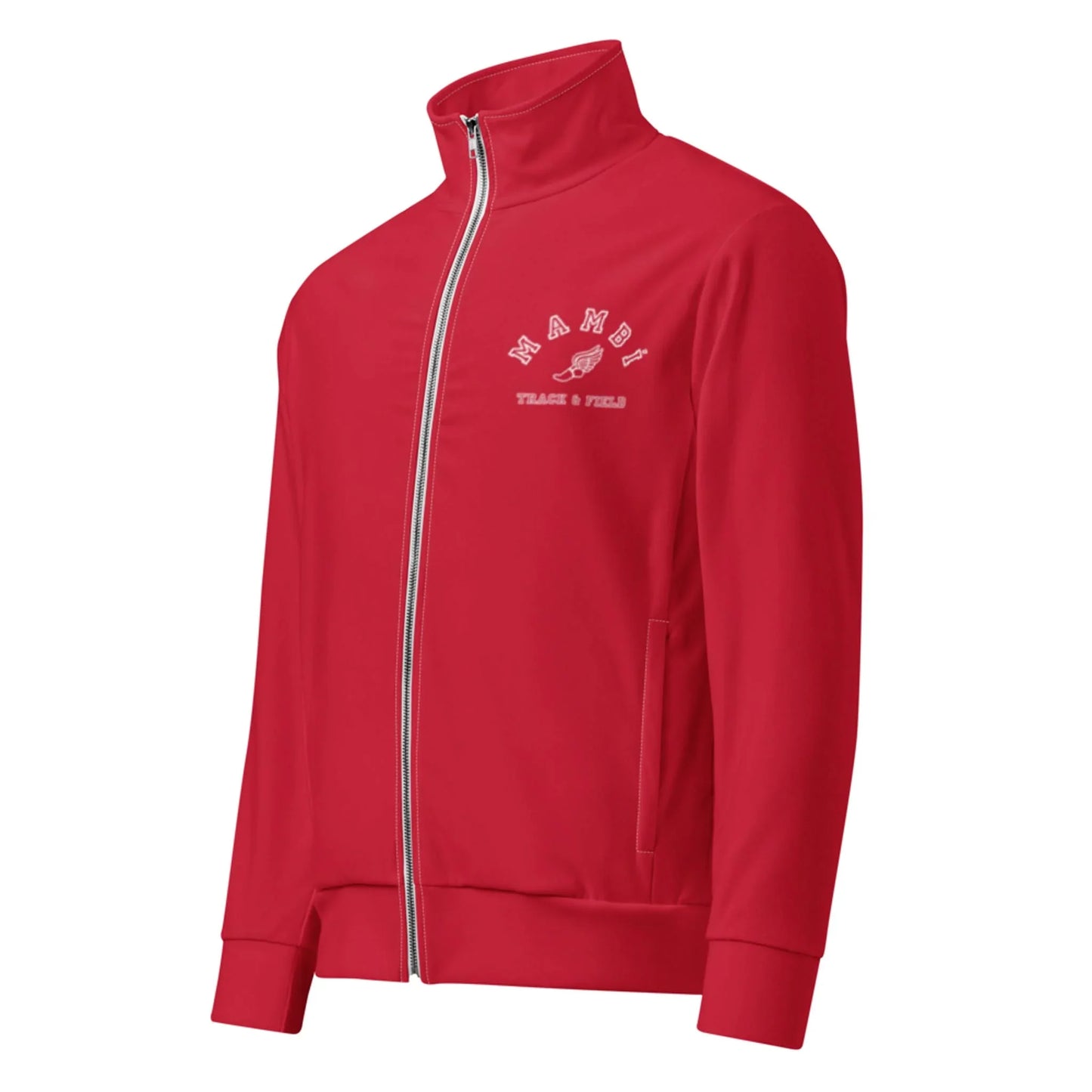 A red Mambí track jacket features a full front zipper, front pockets, and white text on the left chest reading NAMDI TRACK & FIELD with a small winged shoe graphic.