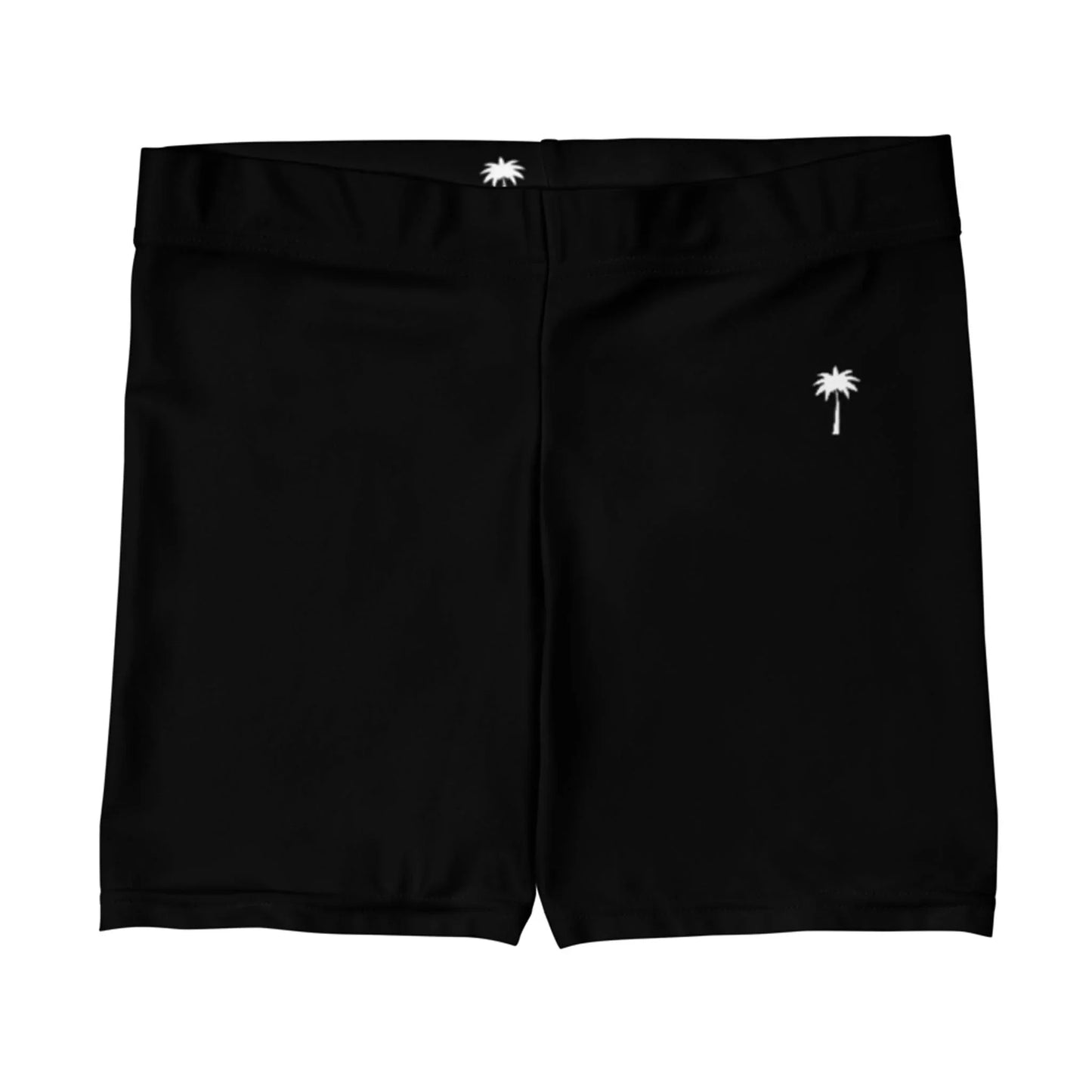Black Mambí swim trunks with a small white palm tree graphic on the left leg and a matching detail on the waistband. The minimalist design adds a sleek, stylish touch.