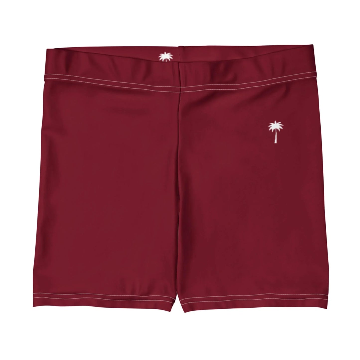 Maroon swim trunks with white stitching and a small white palm tree graphic on the left side. The Mambí waistband also features a white palm tree graphic at the back.
