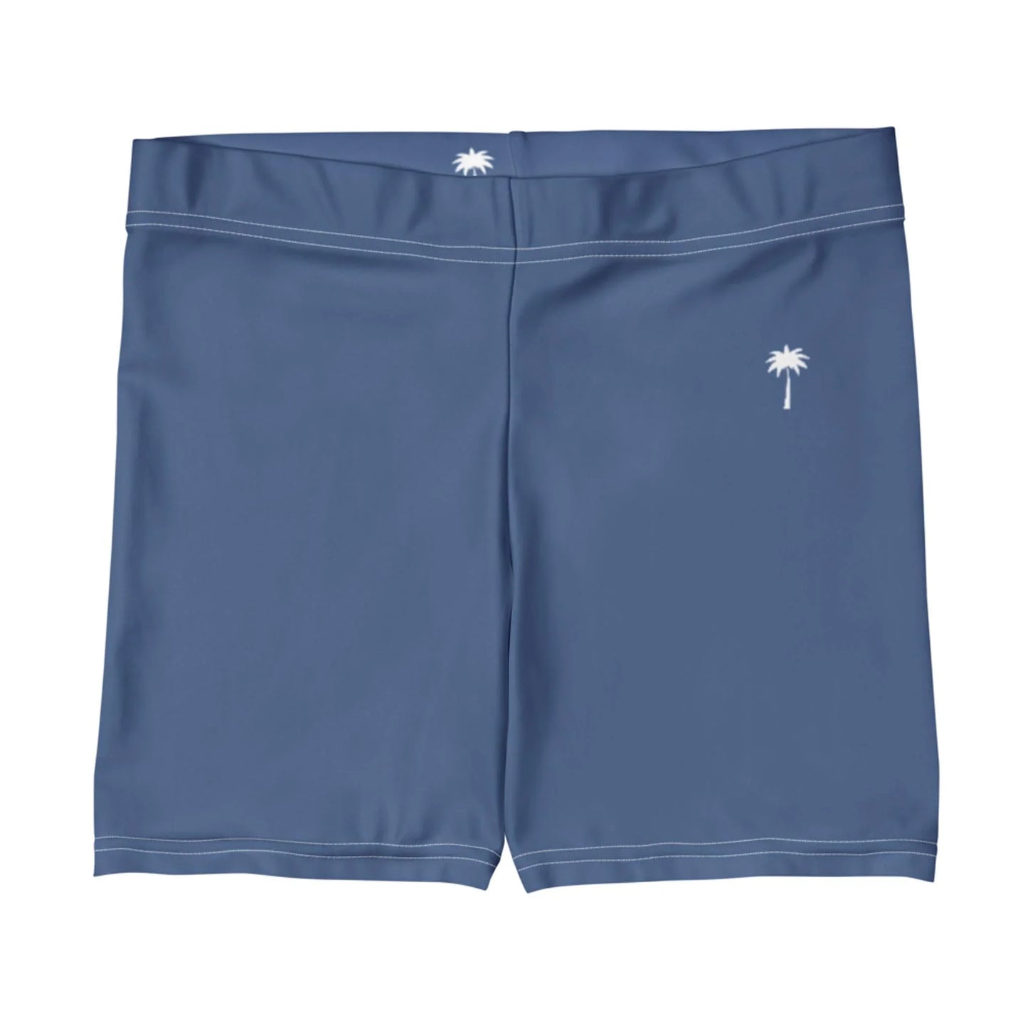 Blue swim trunks with white stitching, featuring a small white palm tree graphic on the left leg and a similar palm tree on the back waistband, inspired by Mambí style.