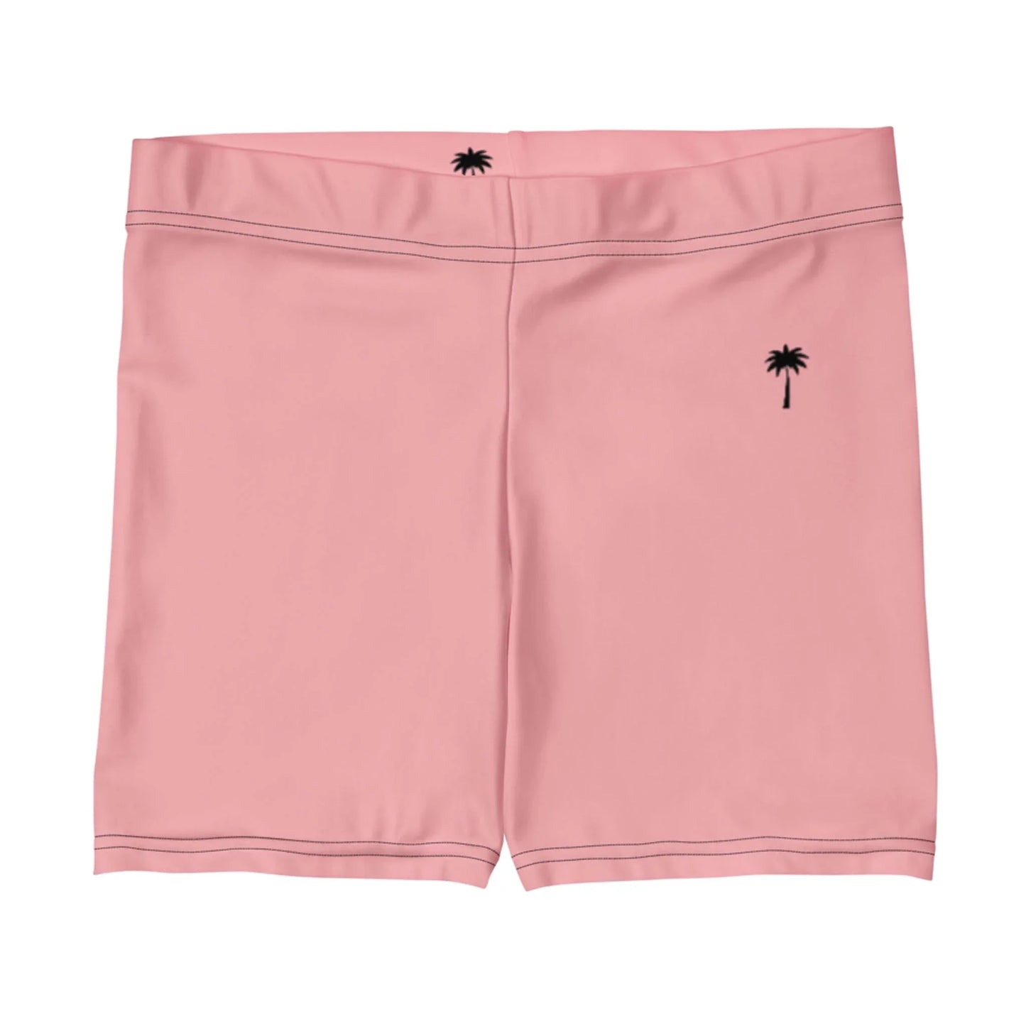 Pink swim trunks with black stitching detail, featuring a small black palm tree graphic on the left leg, a matching palm tree on the back waistband, and subtle Mambí style.