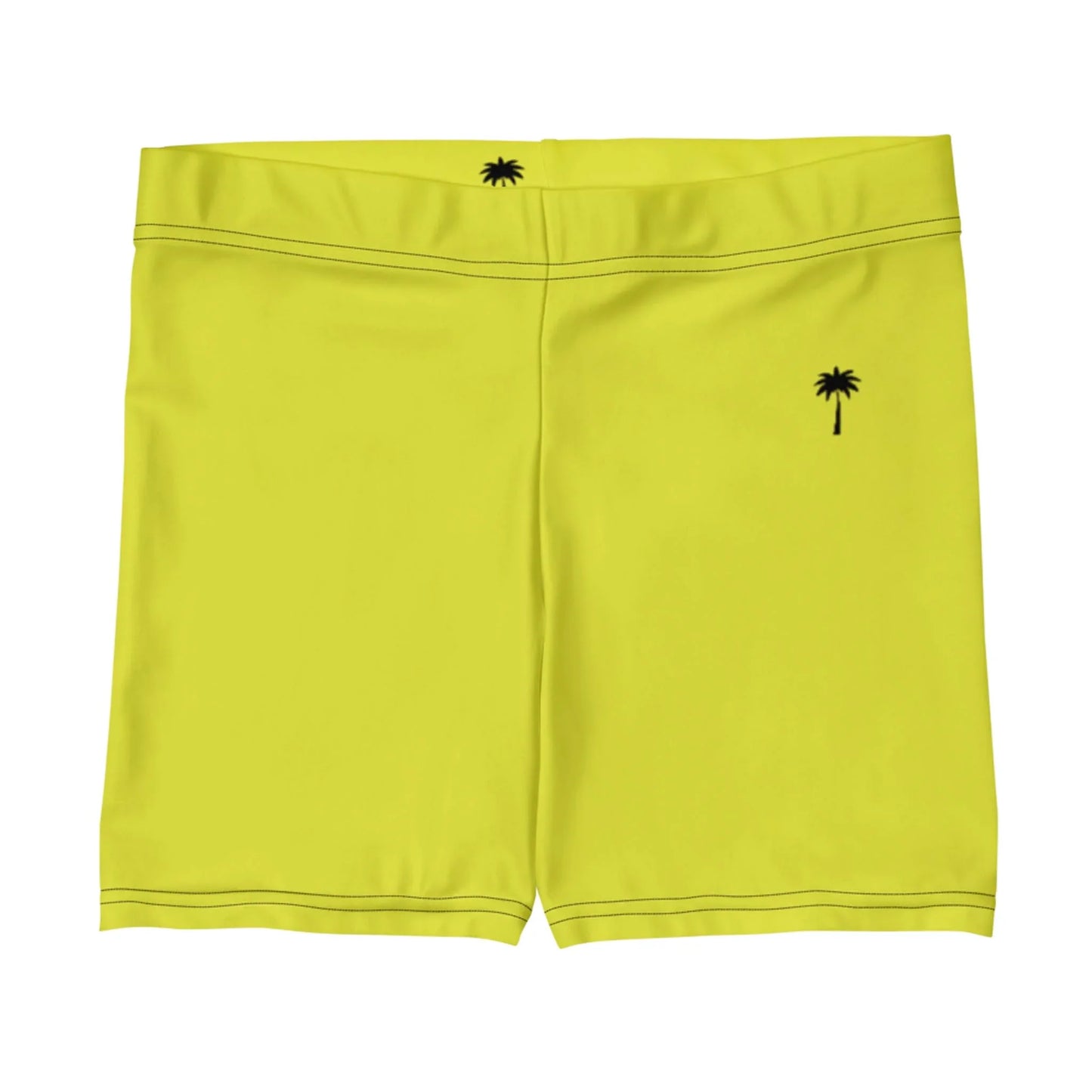 Bright yellow Mambí swim trunks feature a small black palm tree graphic near the left hip and another by the back waistband. Visible stitching accents the seams.