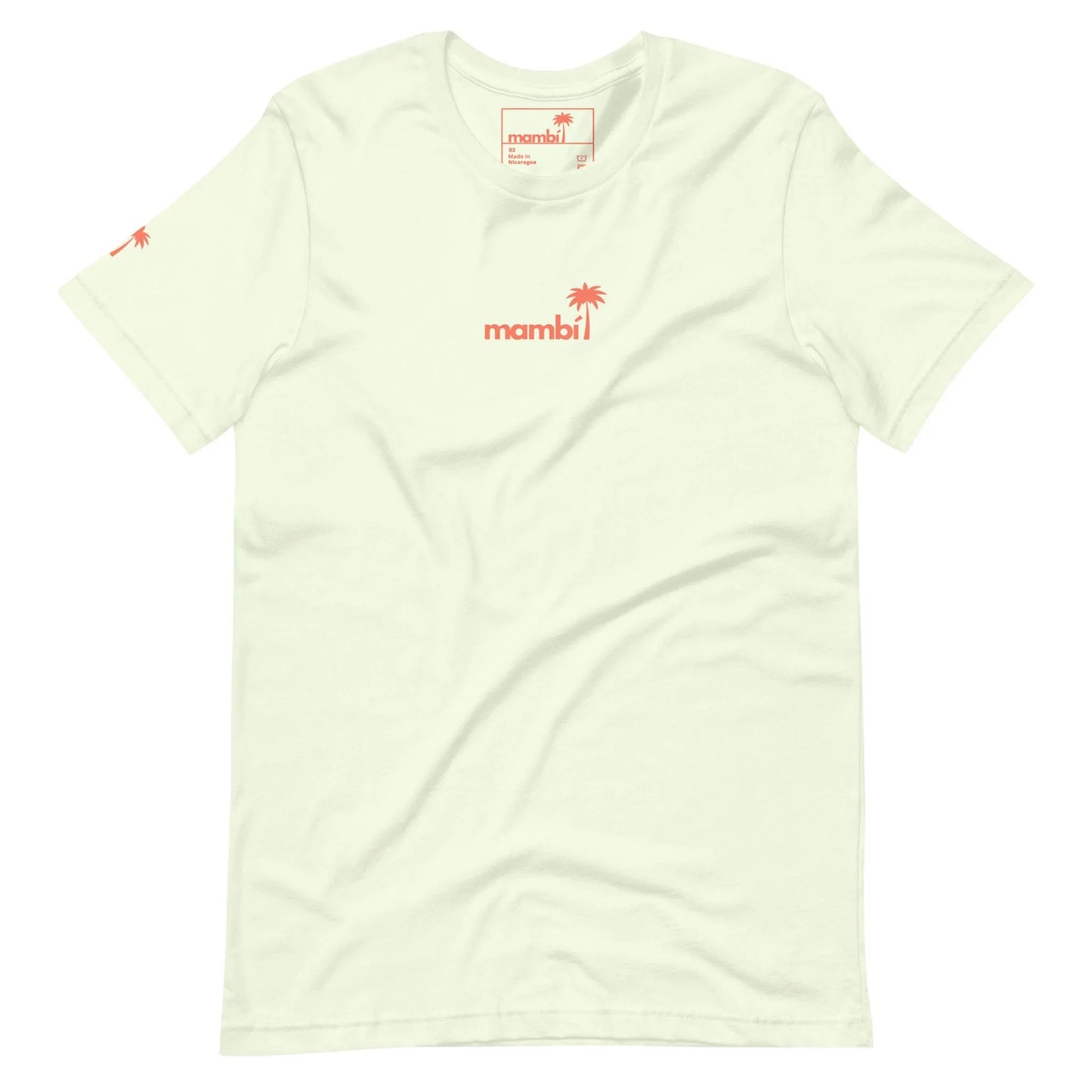 The Knowledge Graphic Tee by Printful is a cream-colored unisex cotton shirt with a red palm tree logo, bold lowercase mambi text on the chest, and a palm icon on the sleeve—blending clever design and laid-back style.