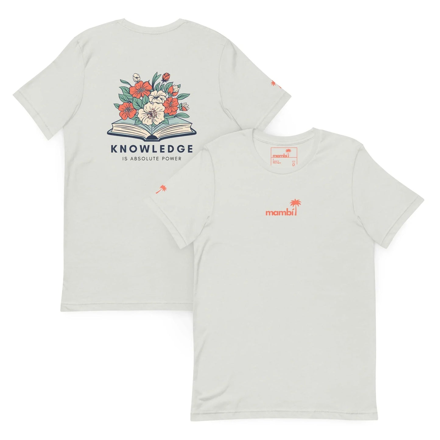 The Knowledge Graphic Tee by Printful features a small red mambi logo with a palm tree on the front and an open book with colorful flowers plus KNOWLEDGE IS ABSOLUTE POWER. on the back. Made from soft cotton, its a clever unisex wardrobe staple.