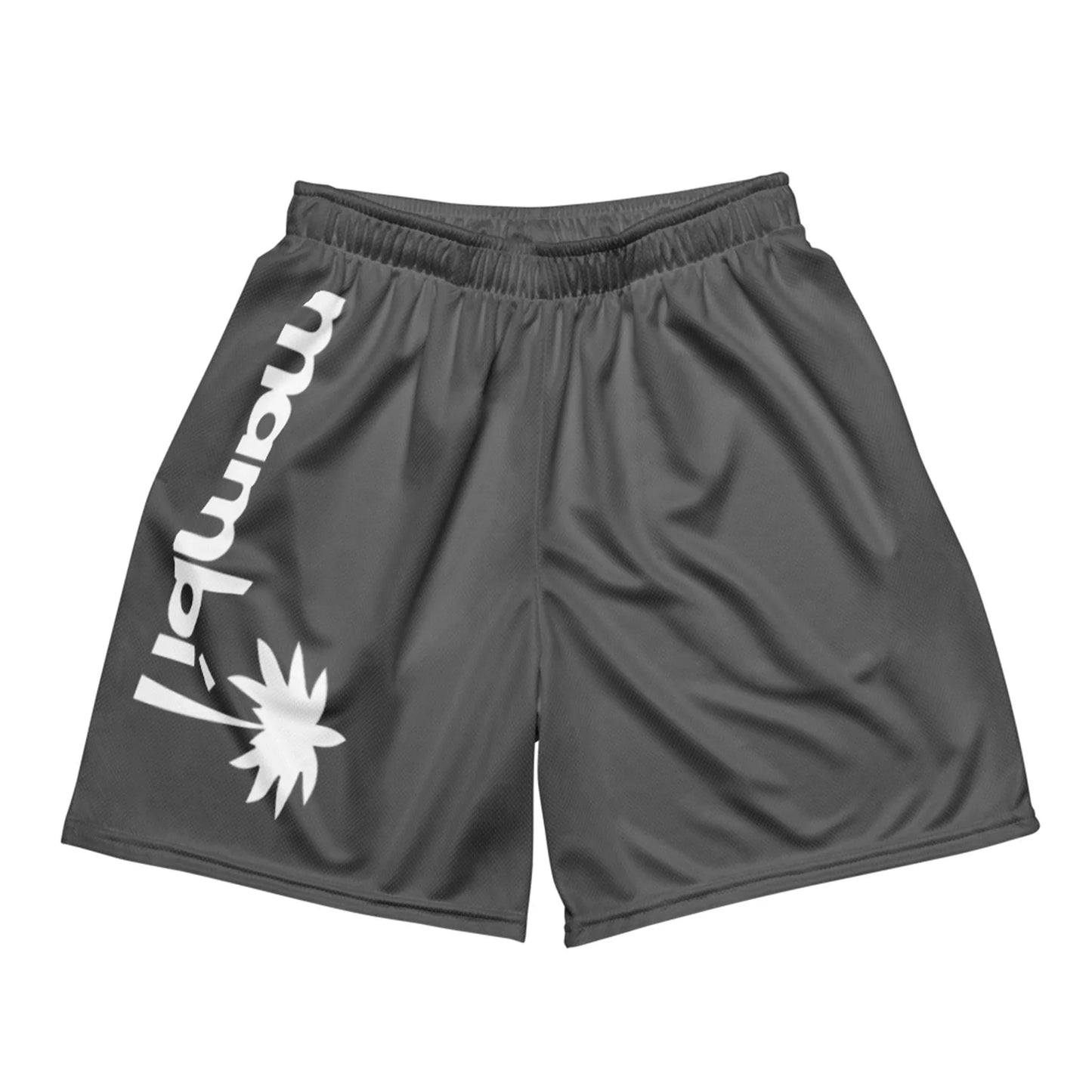 A pair of dark gray athletic shorts with an elastic waistband, featuring the word Mambí! and a stylized starburst graphic in white on the left leg.