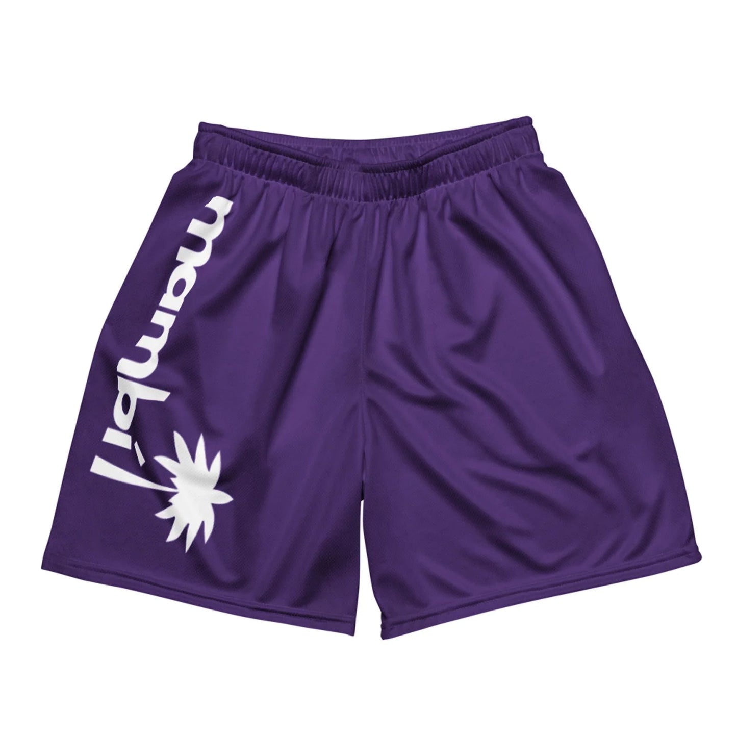 Purple athletic shorts with an elastic waistband. The left leg features Mambí in bold white letters, arranged vertically, with a stylized white starburst logo below the text.