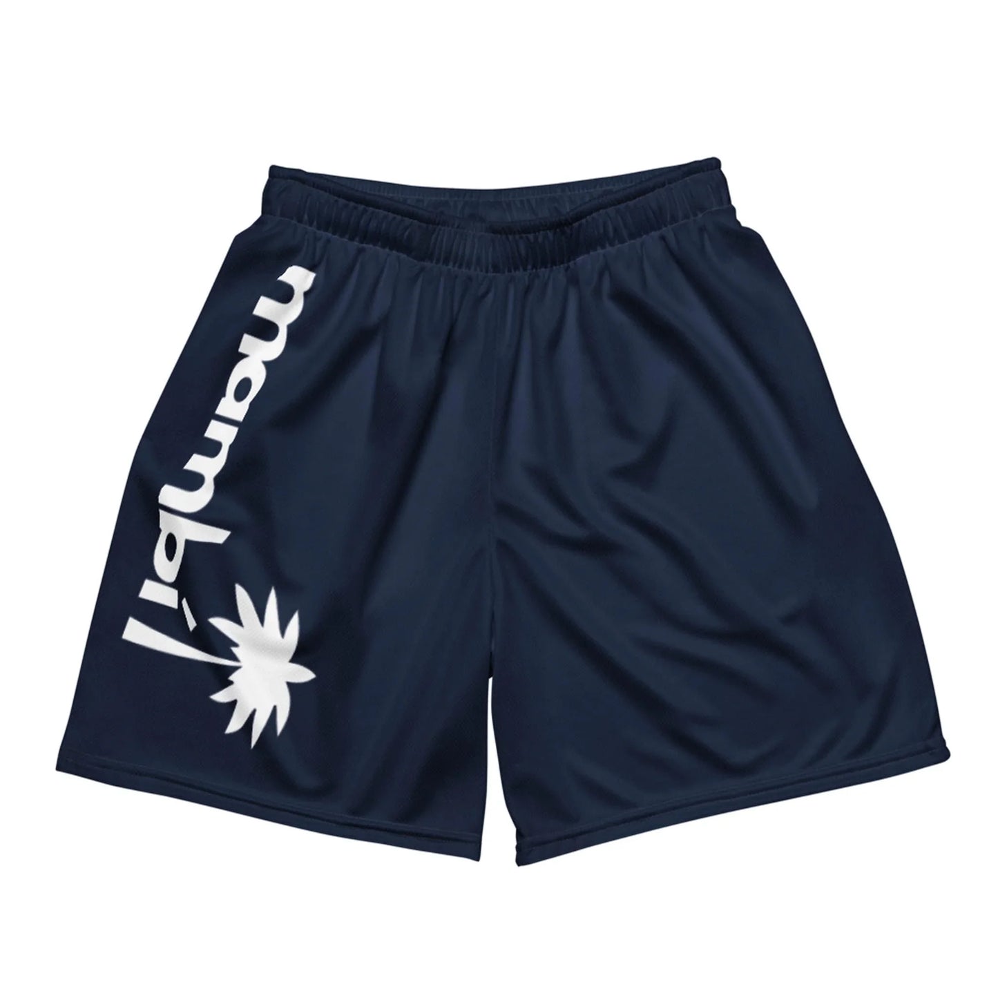 Navy blue athletic shorts with an elastic waistband, featuring Mambí and a stylized white palm logo printed vertically on the left leg.
