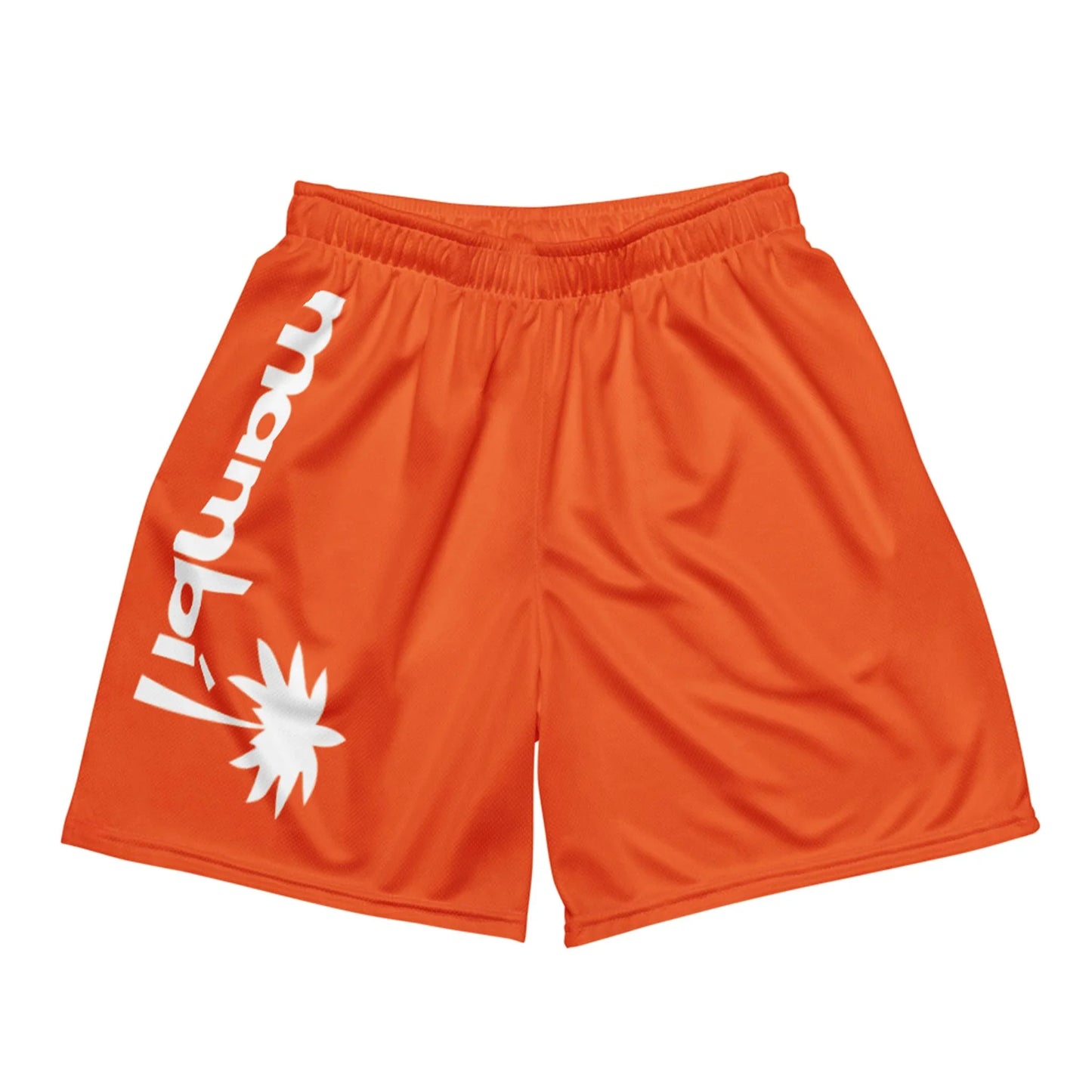Bright orange athletic shorts with an elastic waistband. The left leg showcases Mambí in large white letters arranged vertically, next to a bold white sunburst graphic.