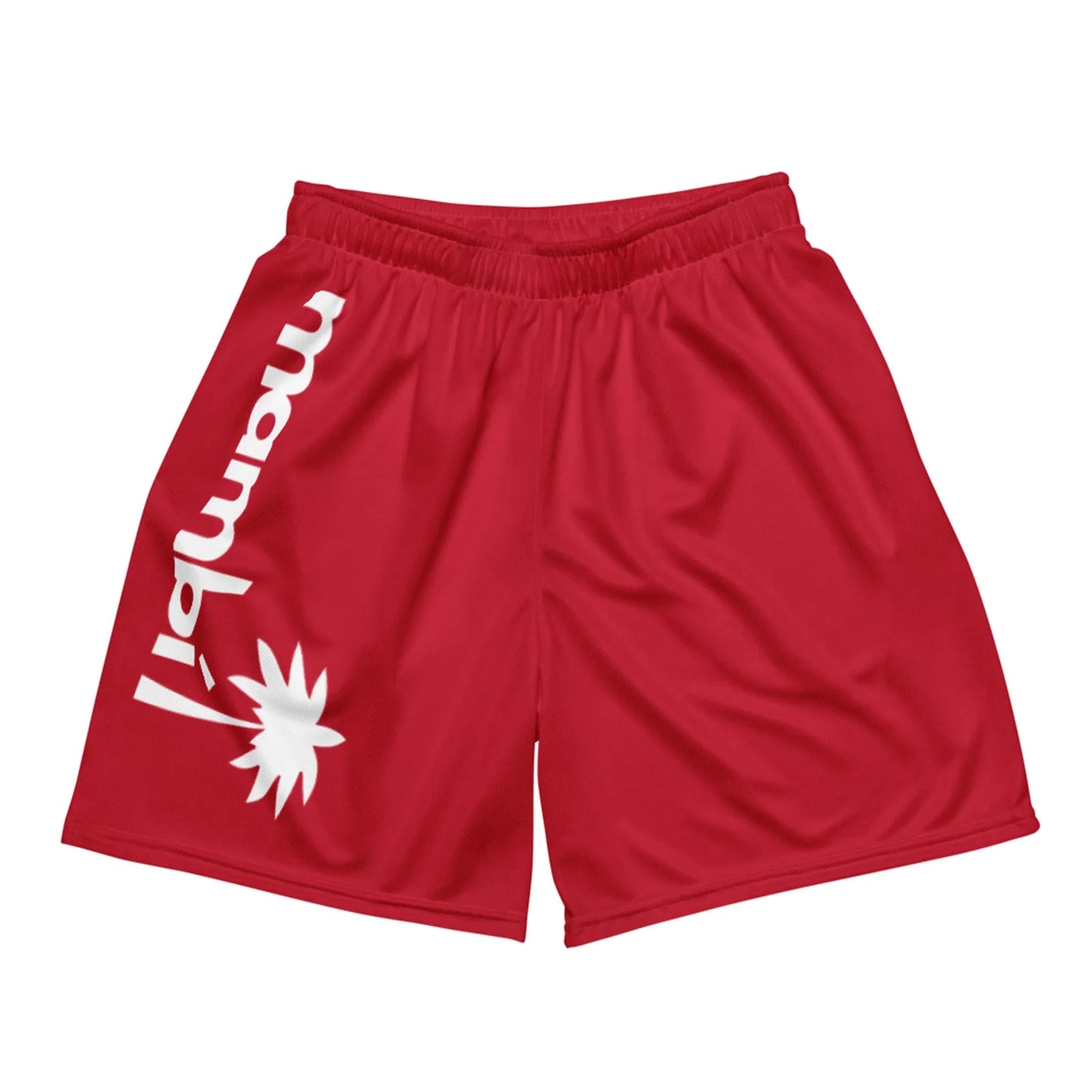 Red athletic shorts with an elastic waistband. The left leg features “Mambí” printed vertically in white, along with a white palm tree graphic below the text.