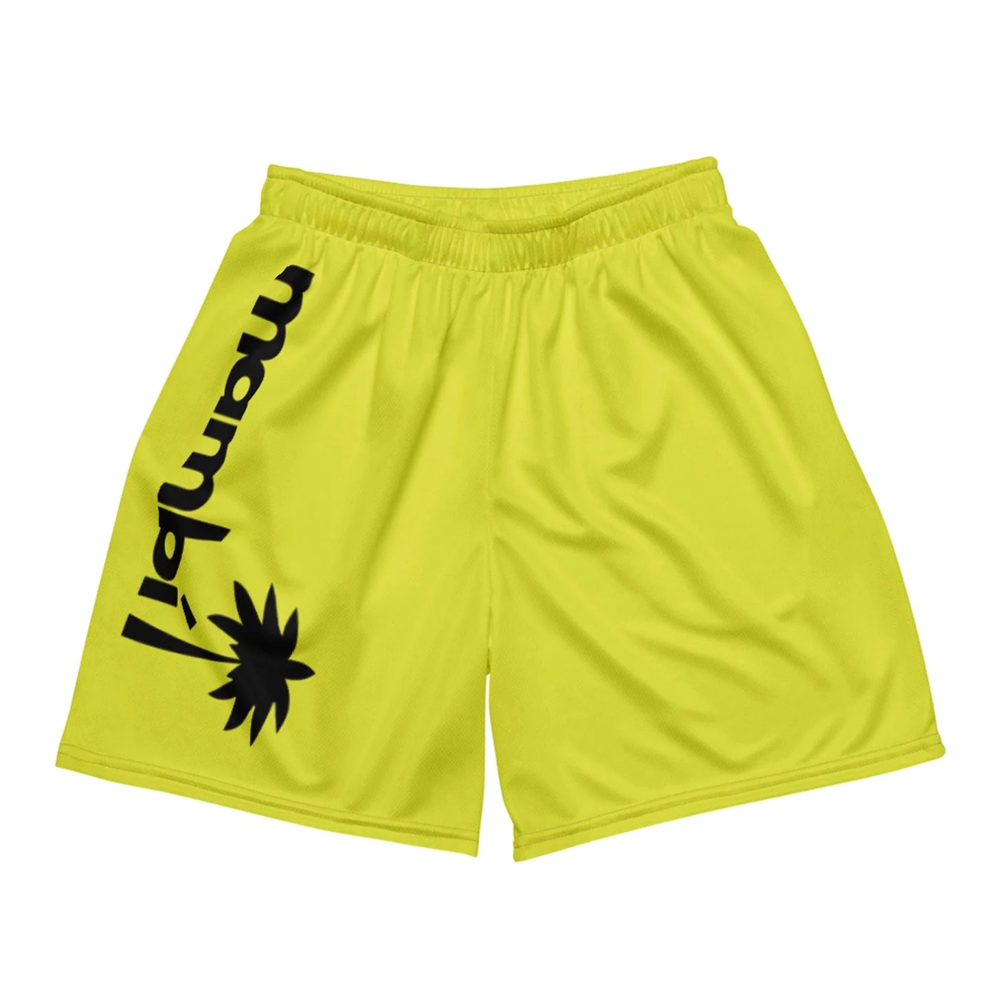 Bright yellow athletic shorts with an elastic waistband, featuring the word Mambí and a bold black graphic printed vertically along the left leg.