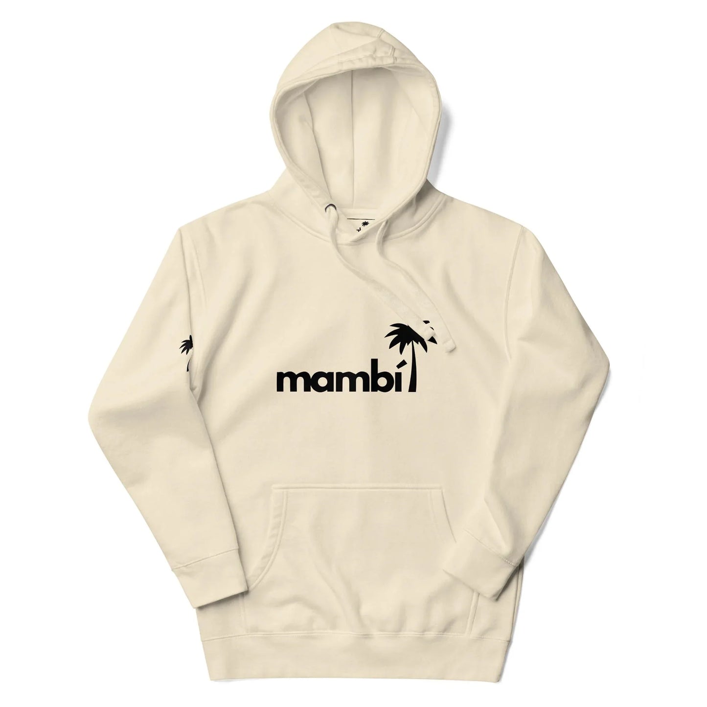 A cream-colored Mambí hoodie features the word mambi in black lowercase letters with a palm tree graphic above the letter i, plus a front pocket and drawstrings.