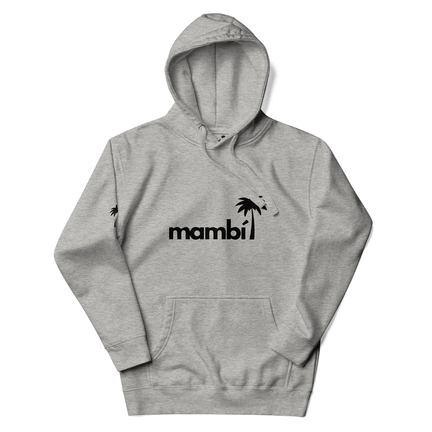 A light gray hoodie featuring the word Mambí in bold black letters across the chest, with a small black palm tree graphic above the letter i. It includes a front pocket and a drawstring hood.