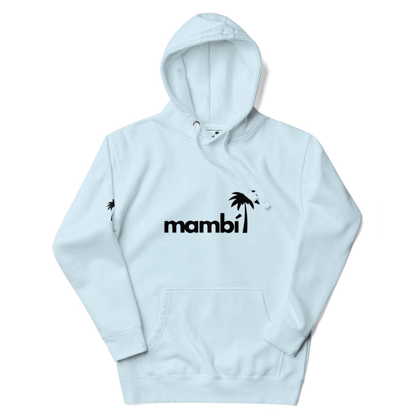 A light blue hoodie featuring Mambí in bold black letters with a black palm tree graphic above the text and on the right sleeve. It has a front pocket and a drawstring hood.