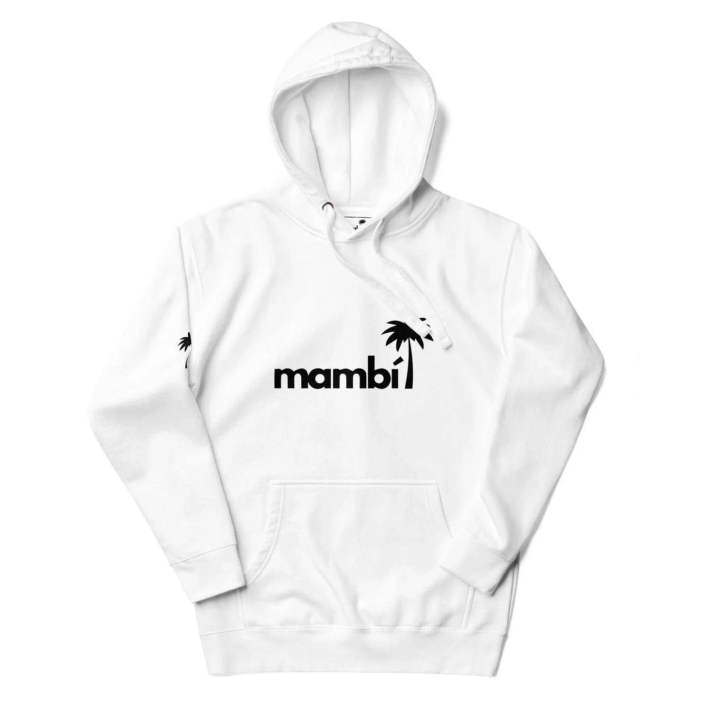 White hoodie featuring Mambí in bold black letters across the chest, with a black palm tree graphic above the word and on the left sleeve. Includes a front pocket and drawstring hood.