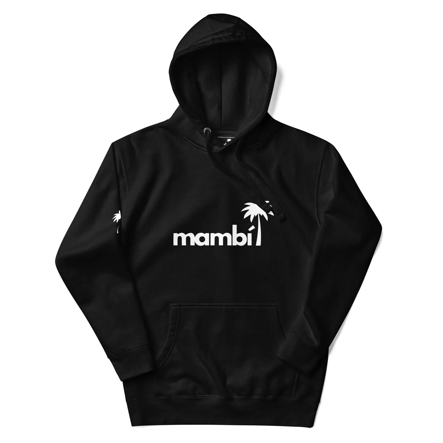 Black hoodie with a front pocket, featuring the word Mambí in white lowercase letters and a white palm tree graphic above the text. A small palm tree graphic is also on the right sleeve.