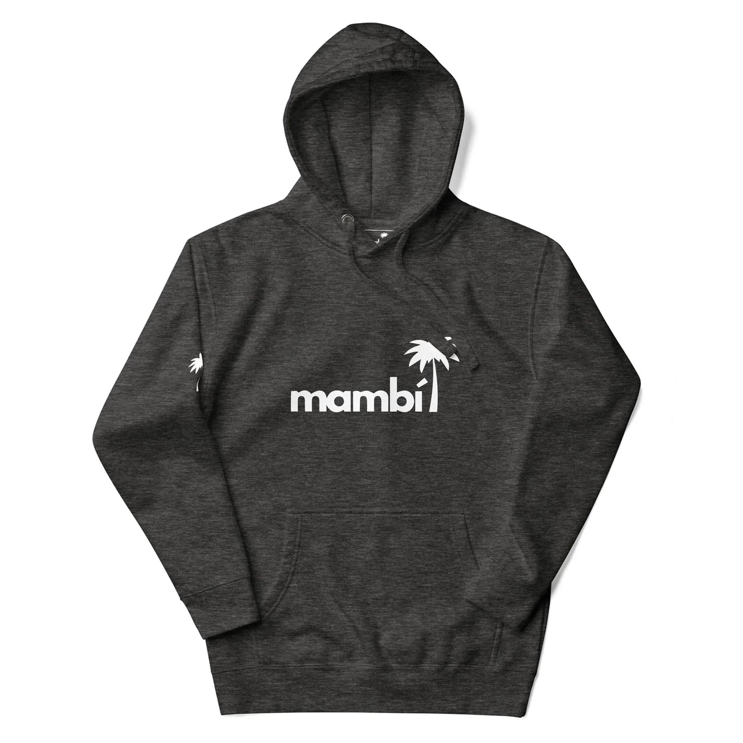 A dark gray hoodie with “Mambí” in bold white letters and a white palm tree graphic above the “i.” Features a front pocket and drawstrings.