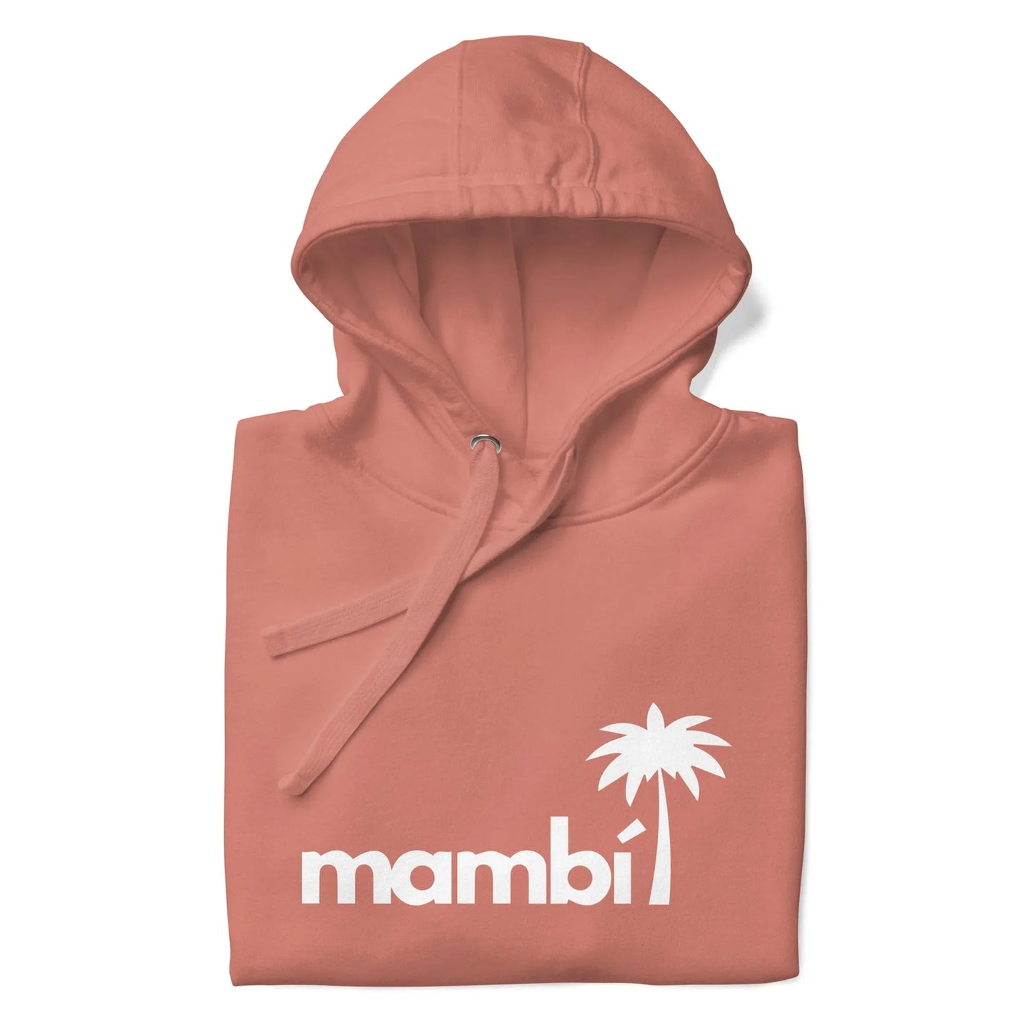 A folded, dusty pink hoodie featuring the word Mambí and a white palm tree graphic on the front. The hood and drawstrings are visible.
