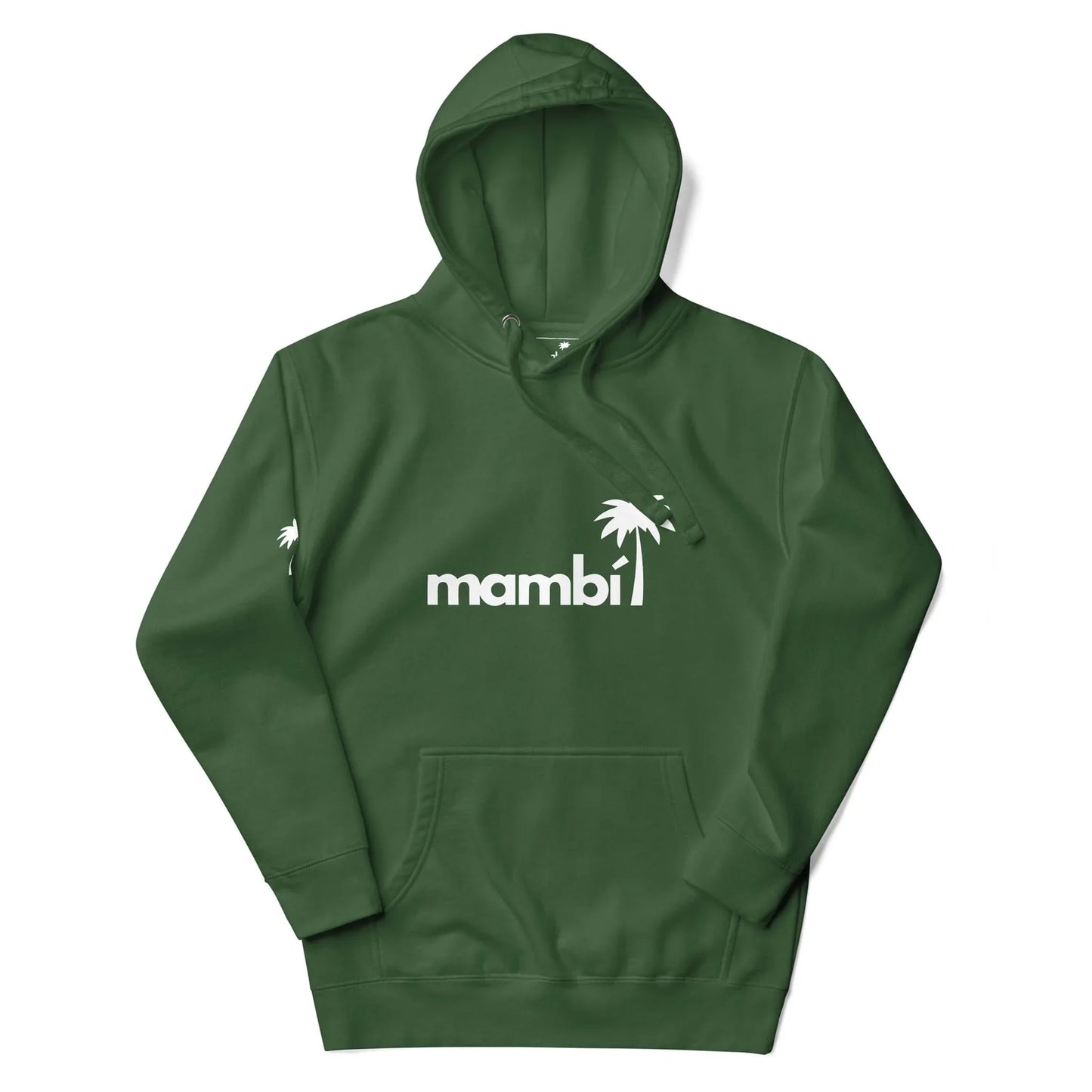 A green hooded sweatshirt with the word Mambí in white letters on the front, featuring a white palm tree graphic above the letter i and another palm tree design on the left sleeve.