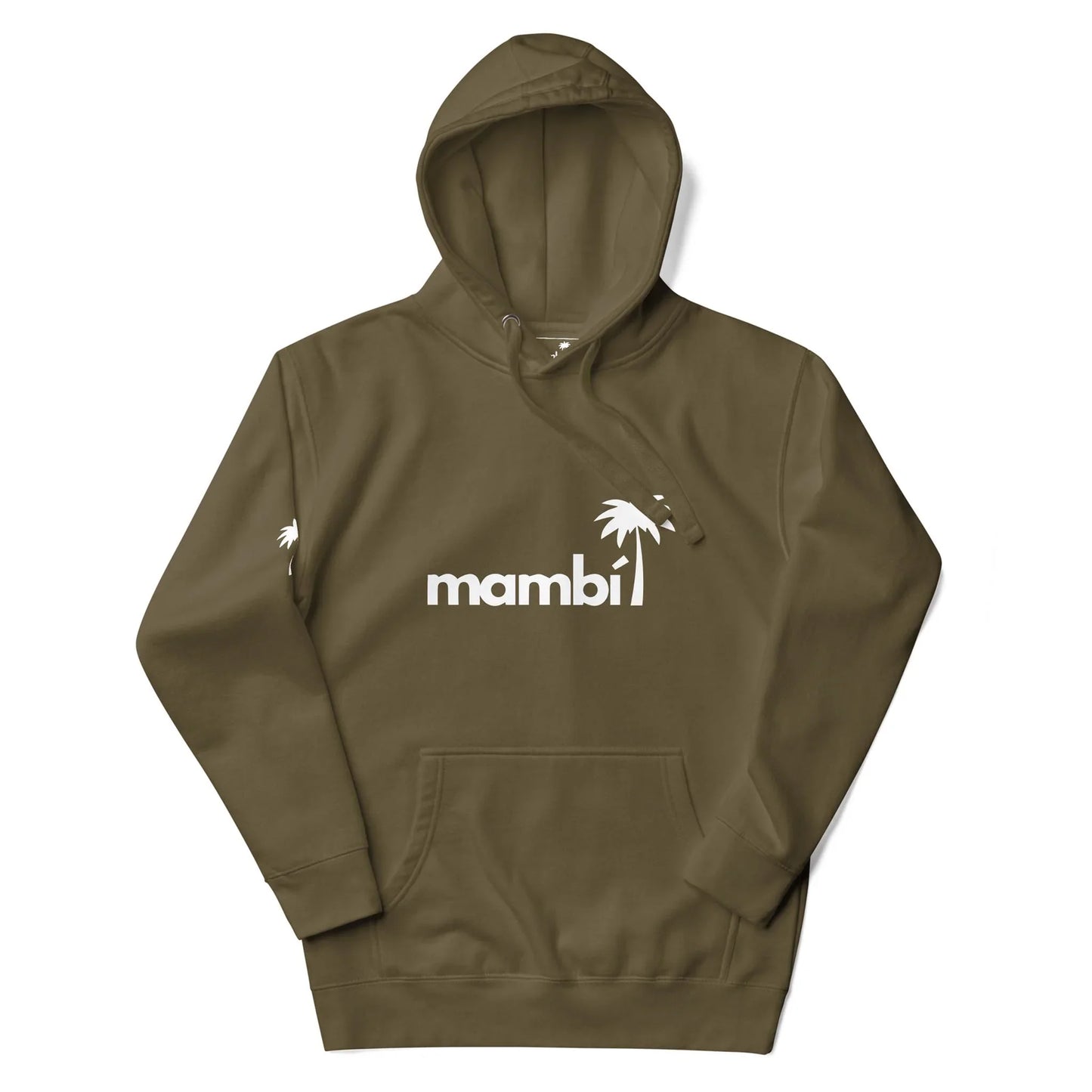 Olive green hoodie with a front pocket and a white Mambí logo across the chest, featuring a stylized palm tree above the letter i. The hoodie includes a drawstring hood.
