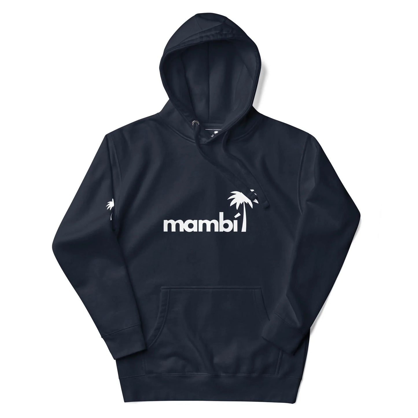 Navy blue hooded sweatshirt featuring Mambí in bold white letters on the front, with a white palm tree graphic above the i.