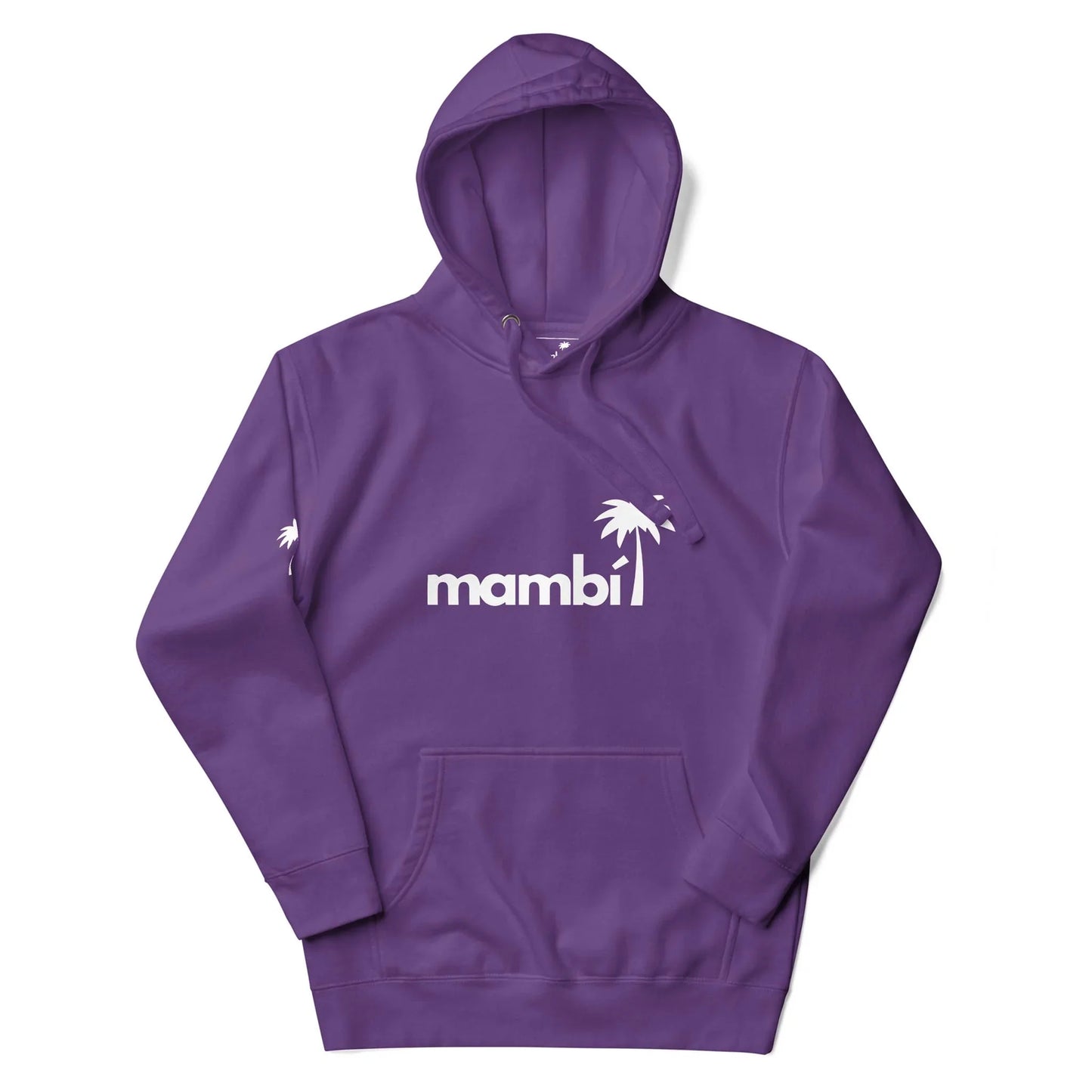 A purple Mambí hoodie featuring the word mambi in white lowercase letters with a white palm tree graphic above the “i” and a front pocket.