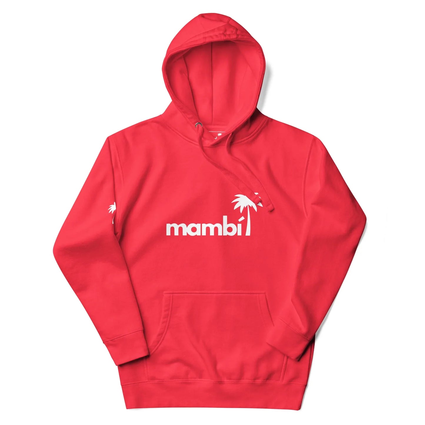 A bright red hooded sweatshirt featuring the word Mambí in bold white letters and a white palm tree graphic above the text on the chest and sleeve.