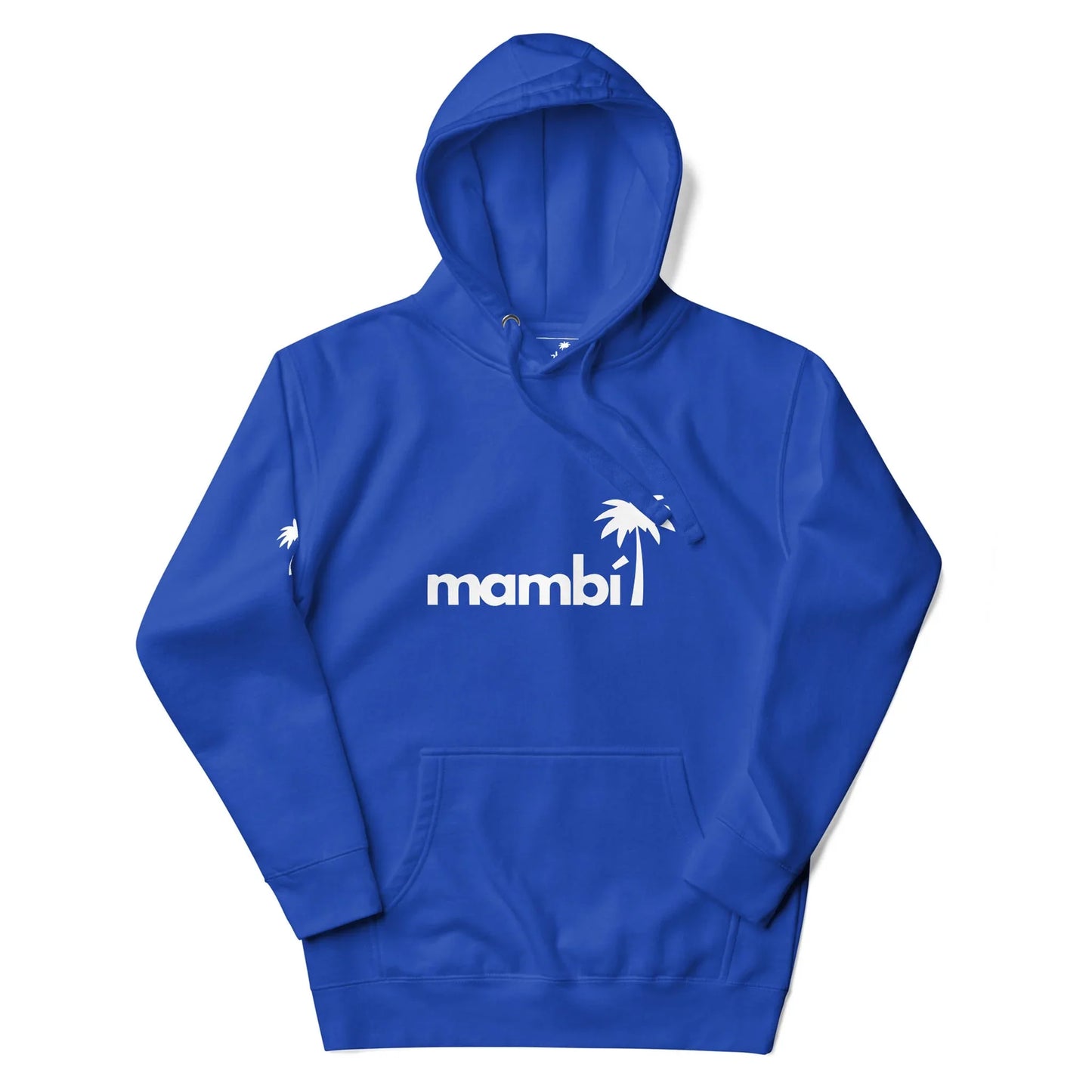 Bright blue hoodie with a front pocket, featuring the word Mambí in bold white letters across the chest and a white palm tree graphic above it. A smaller white palm tree details the left sleeve.