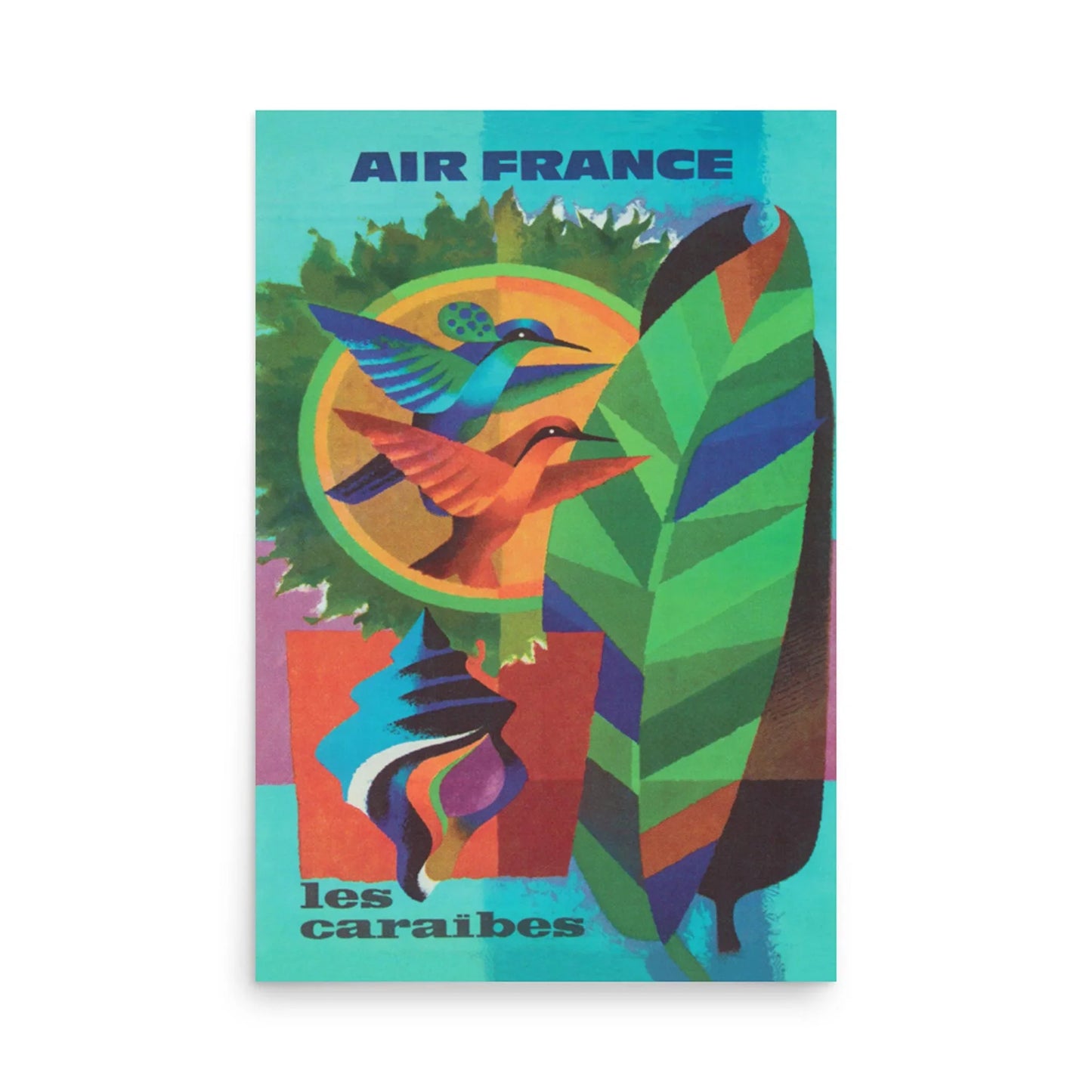A colorful vintage Air France poster featuring two stylized hummingbirds, a large green feather, abstract shapes, and the text AIR FRANCE les caraïbes against a turquoise background, inspired by the vibrant spirit of Mambí.
