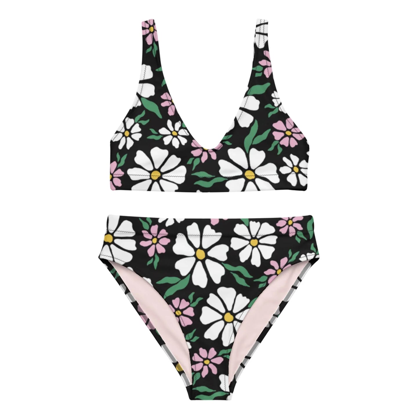 A two-piece Mambí bikini with a deep V-neck top and high-waisted bottom, featuring a bold floral pattern of large white and pink flowers with green leaves on a black background.