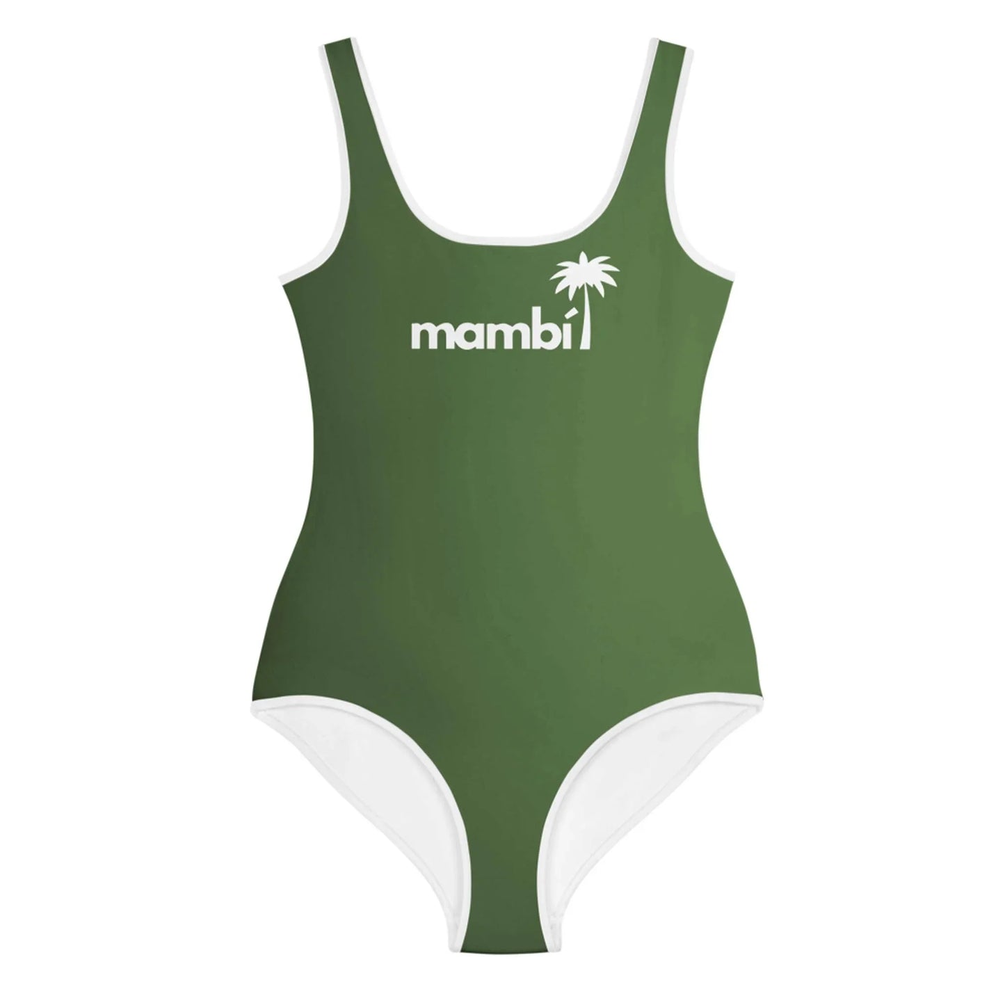 A green one-piece swimsuit with white trim and “Mambí” in white letters, featuring a palm tree graphic above the text on the chest area.