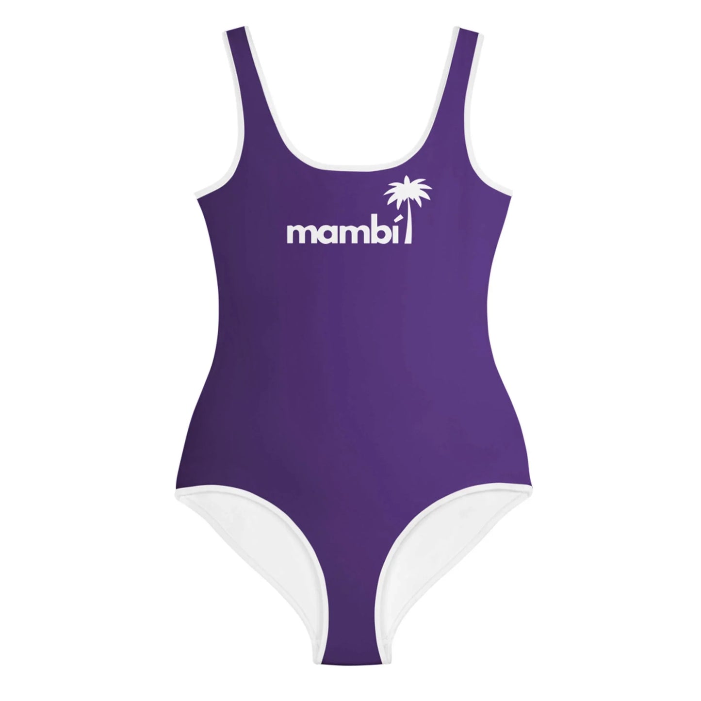 A purple one-piece swimsuit with white trim, featuring Mambí in bold white letters and a white palm tree graphic on the chest.