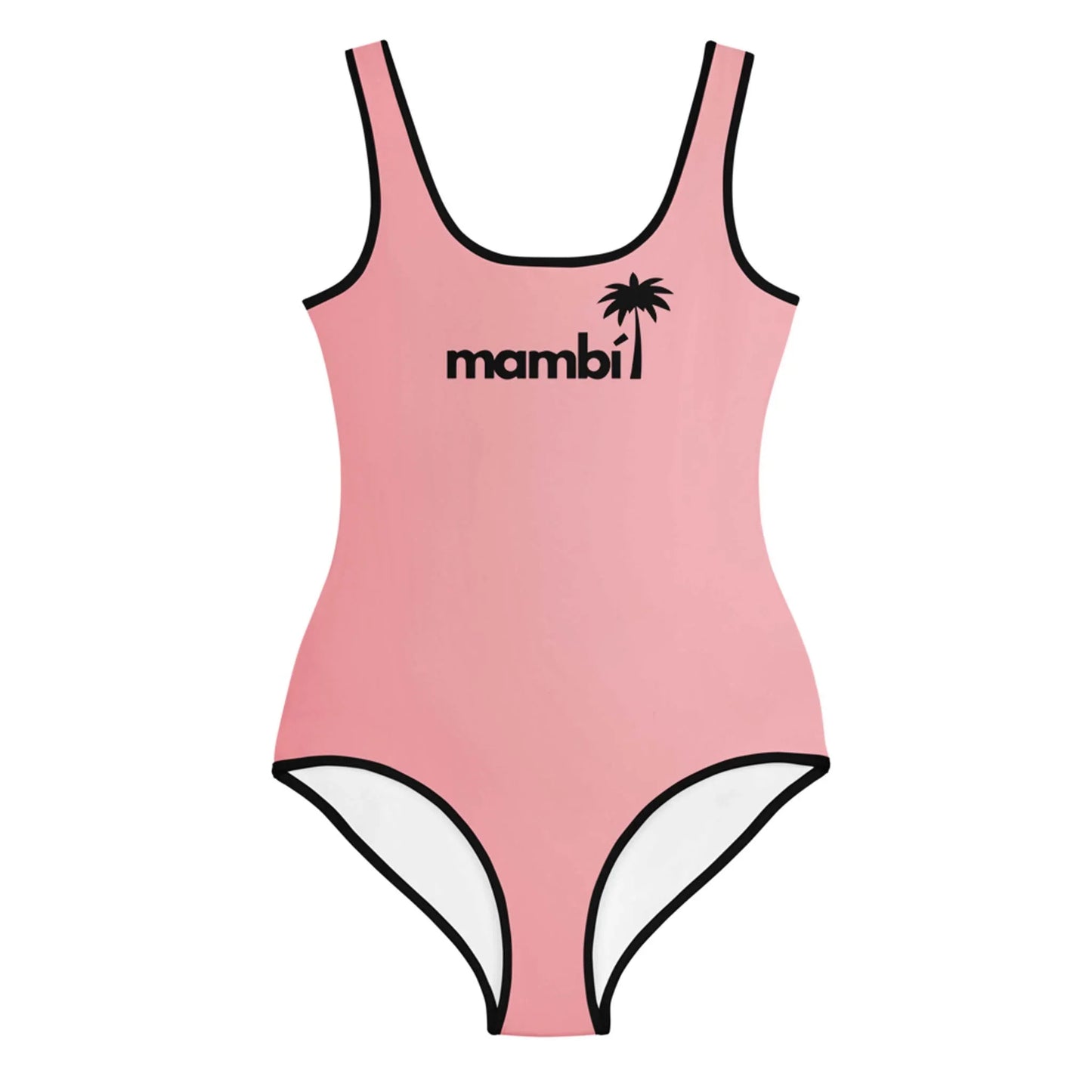 Pink one-piece swimsuit with black trim, featuring the word Mambí and a small palm tree graphic above the chest area.