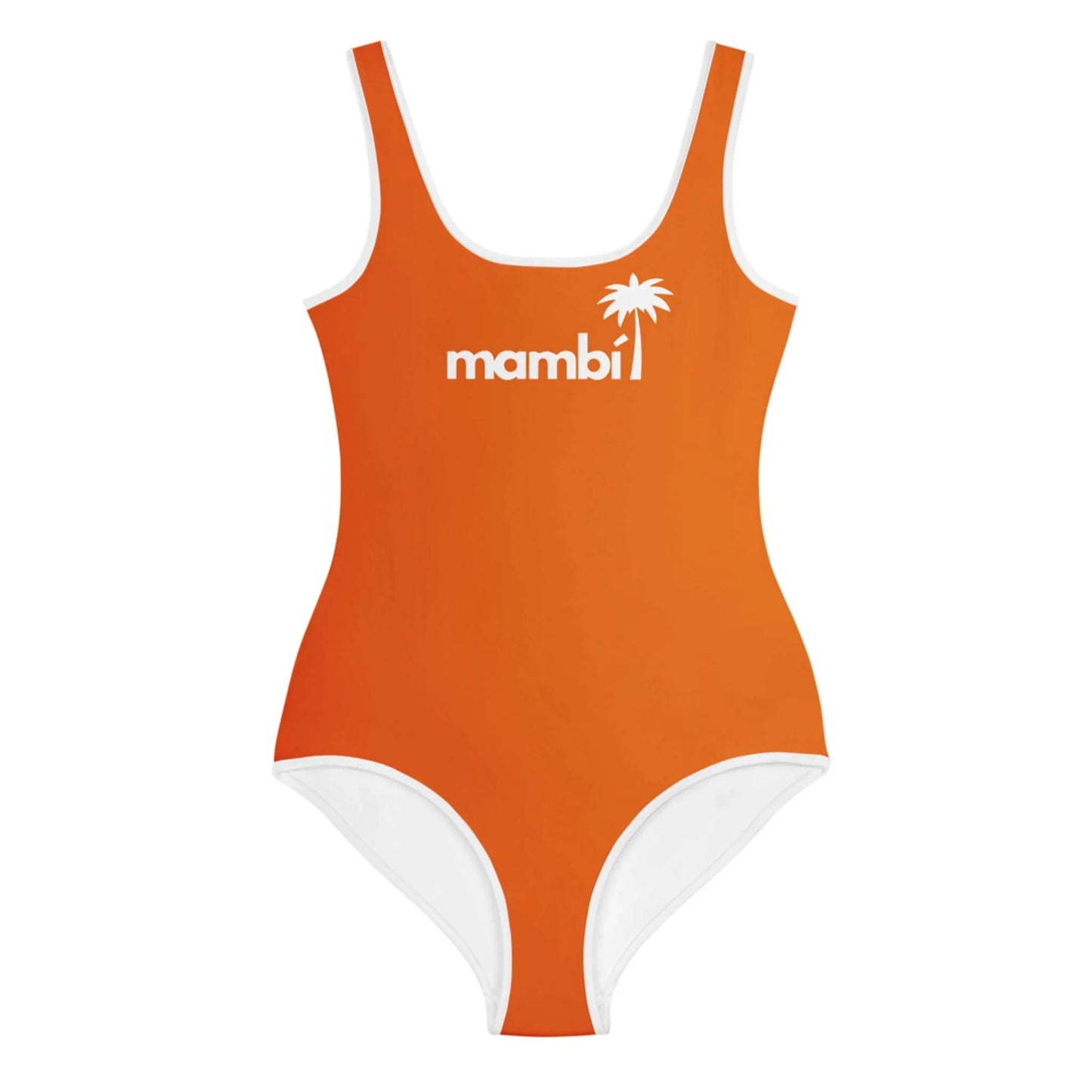 An orange one-piece swimsuit with white trim features Mambí in bold white letters and a palm tree graphic above the text on the chest area.
