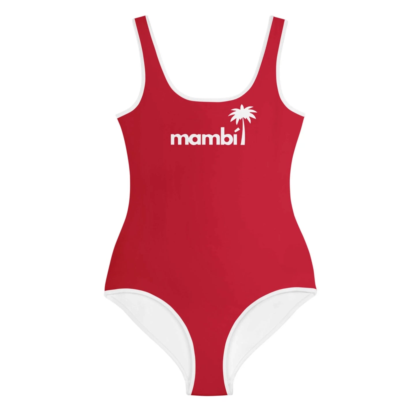 A red one-piece swimsuit with white trim featuring Mambí in white text next to a small palm tree graphic on the chest.