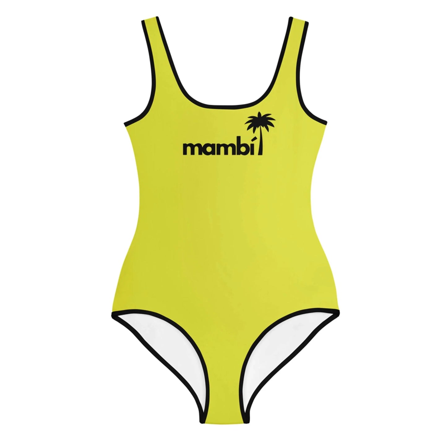 Yellow one-piece swimsuit with black trim, featuring the word Mambí and a black palm tree graphic on the chest. It has a scoop neckline and a simple, sporty design.