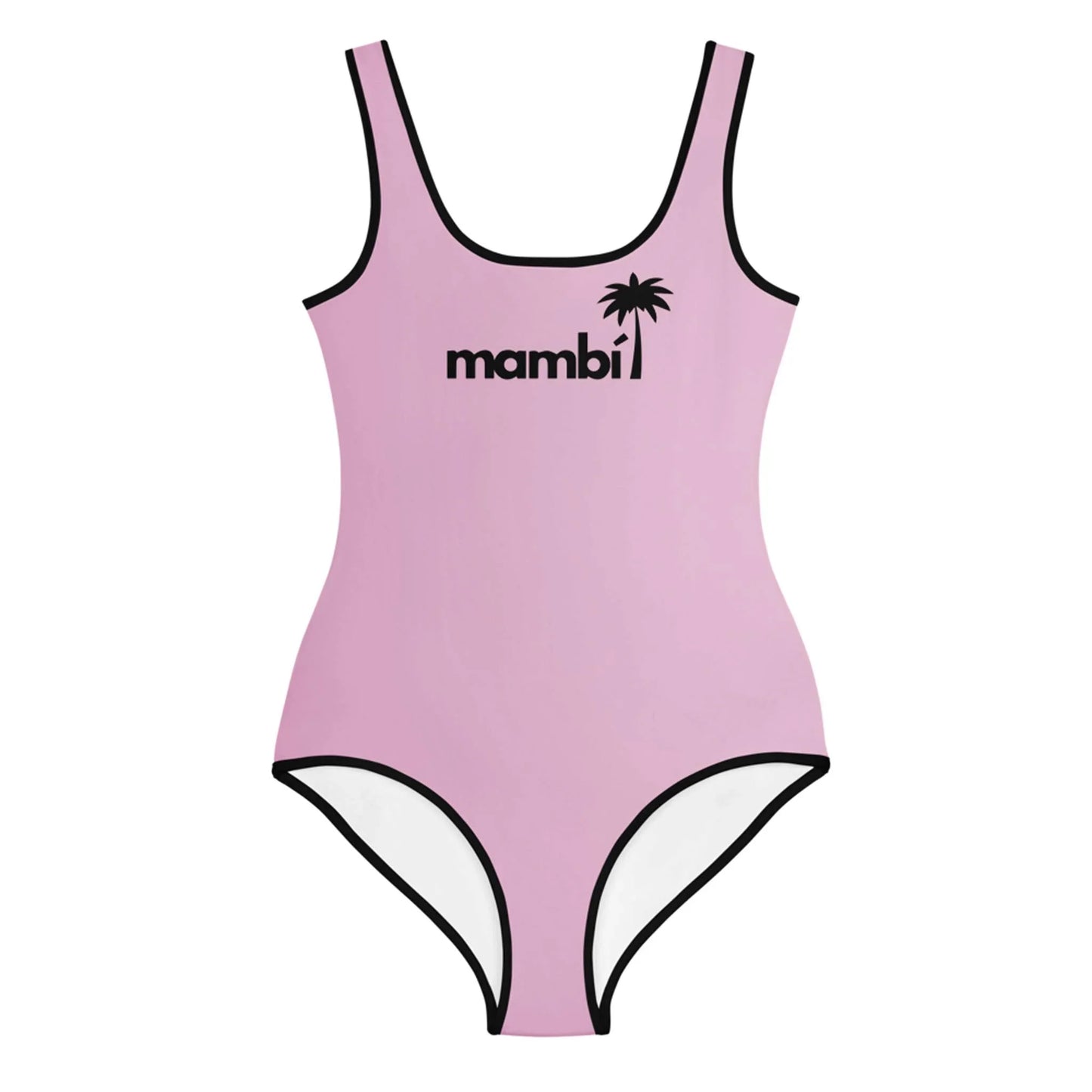 A light pink one-piece swimsuit with black edging, featuring the word Mambí and a small palm tree graphic in black on the chest.