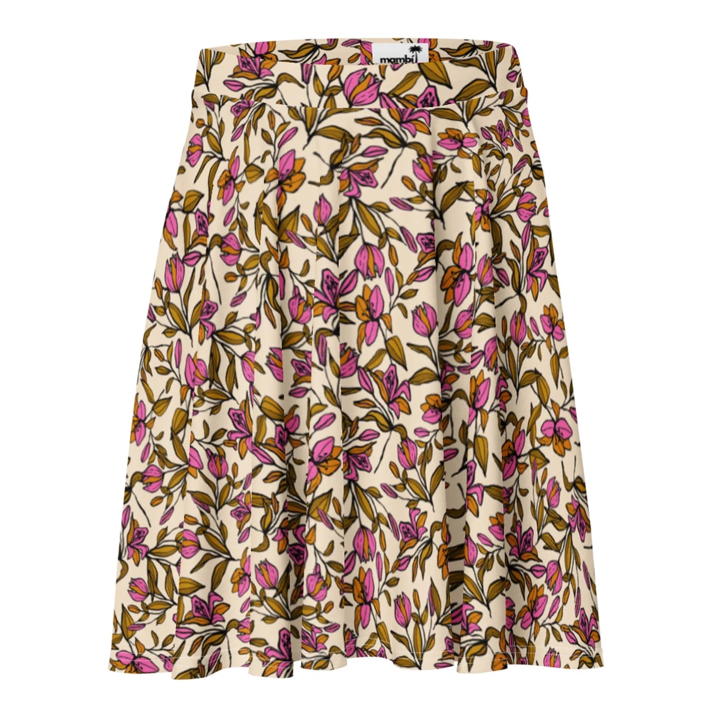 A knee-length Mambí skirt with a beige background featuring an all-over floral print in pink, yellow, and green. The skirt has soft pleats and a fitted waistband.