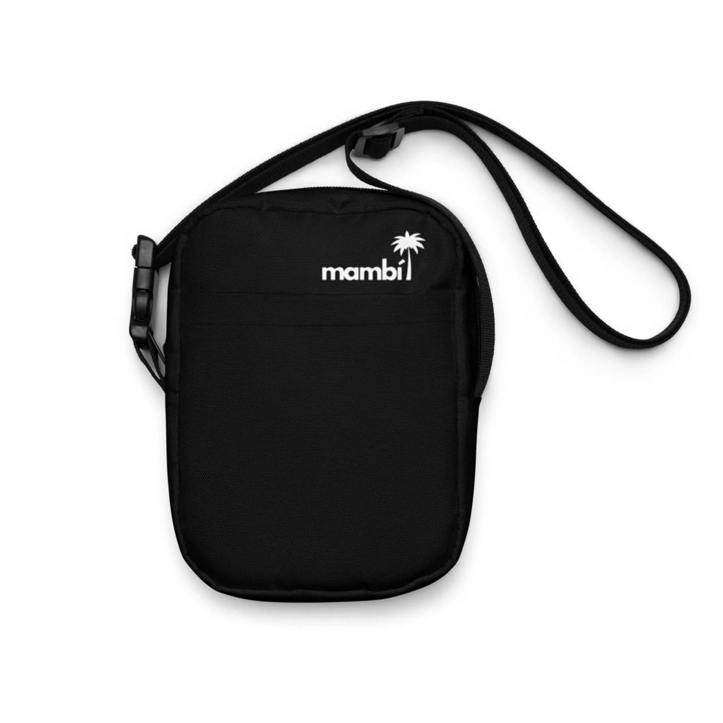 A small black Mambí crossbody bag with a long, adjustable strap and a zippered main compartment. The front showcases a white Mambí logo with a palm tree icon above it.