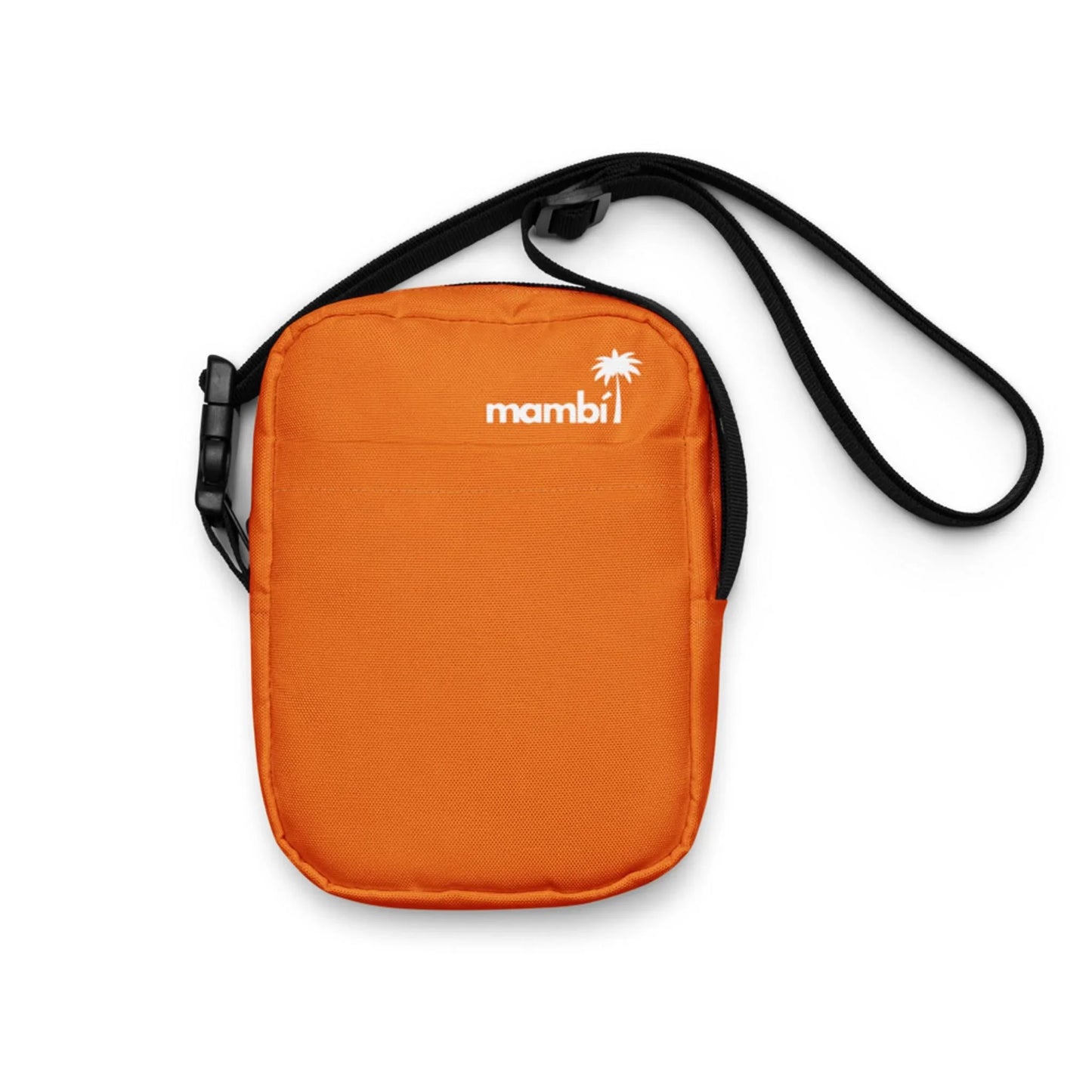 An orange Mambí crossbody bag with a black adjustable strap and a white logo featuring a palm tree graphic on the front.