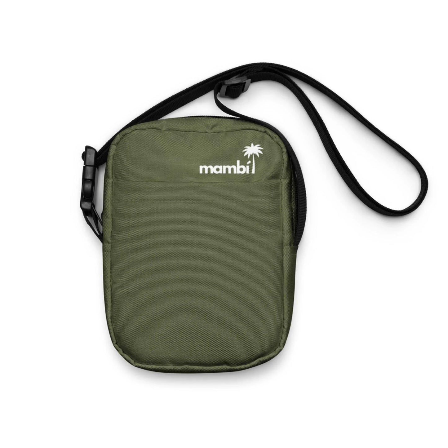 An olive green Mambí crossbody pouch with a black adjustable strap and a white logo featuring a palm tree on the front. The pouch includes a front pocket and a main zippered compartment.