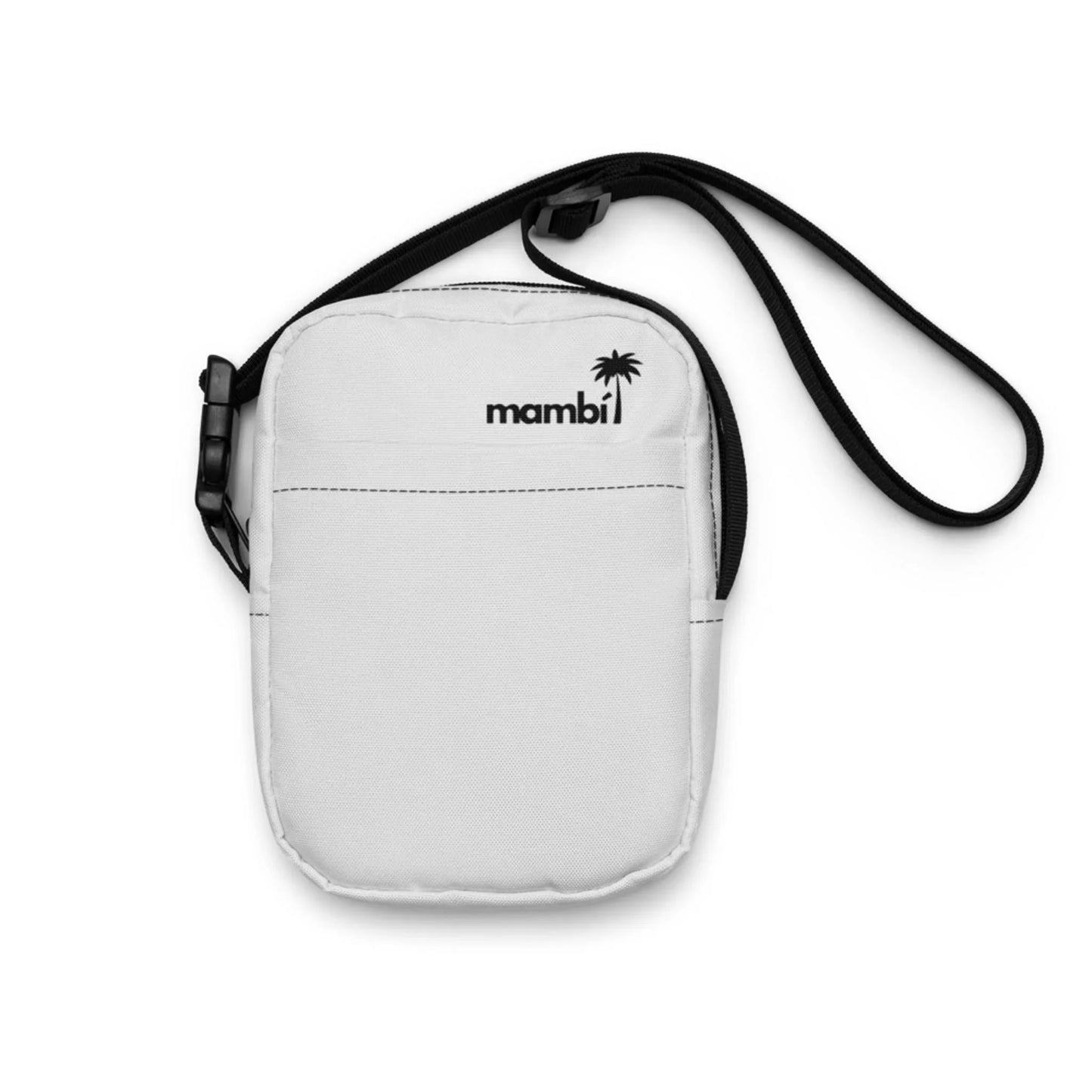 A small white Mambí crossbody bag with a black adjustable strap, a front pocket, and the word mambi with a palm tree logo printed on the front.