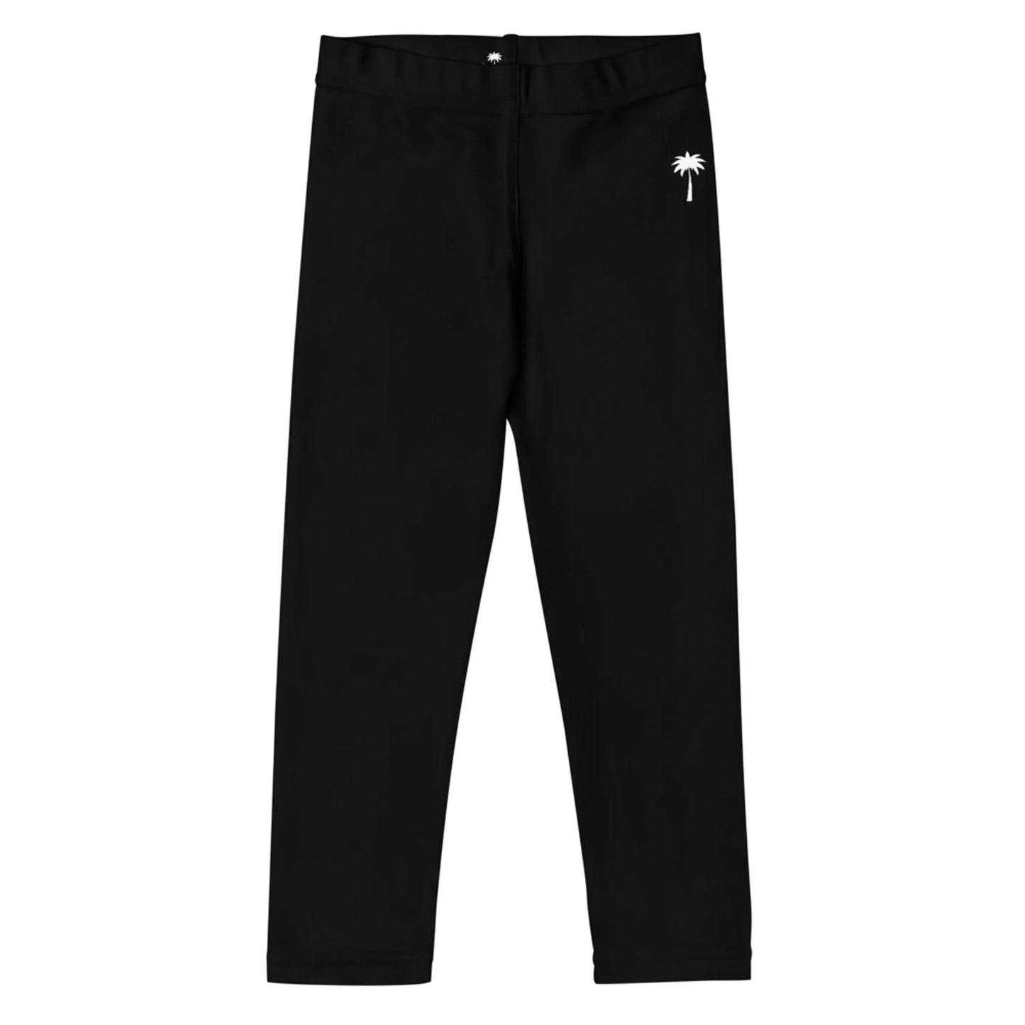 Black leggings with a small white palm tree graphic near the left hip, featuring subtle Mambí style, displayed on a plain white background.