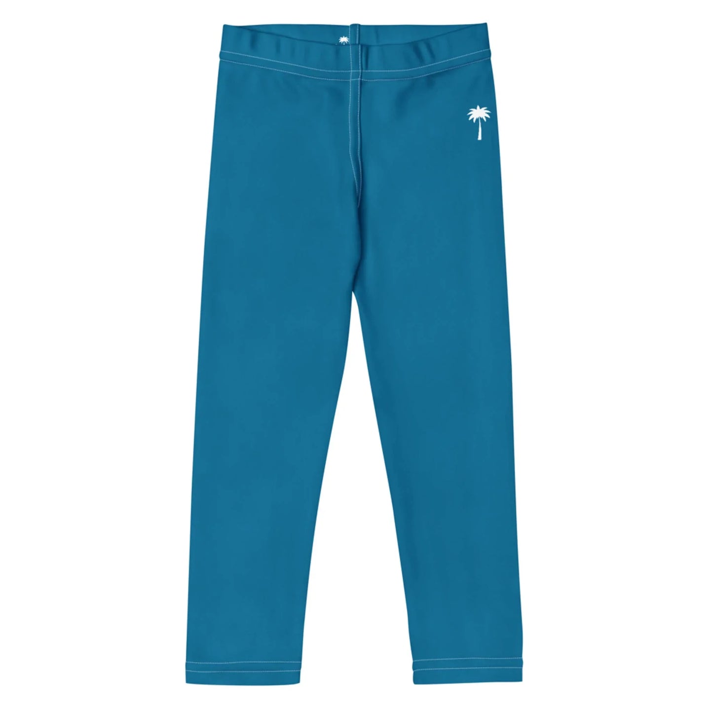 Blue Mambí leggings with a white palm tree graphic near the left hip, featuring visible white stitching along the waistband, hem, and seams. The leggings are displayed on a white background.