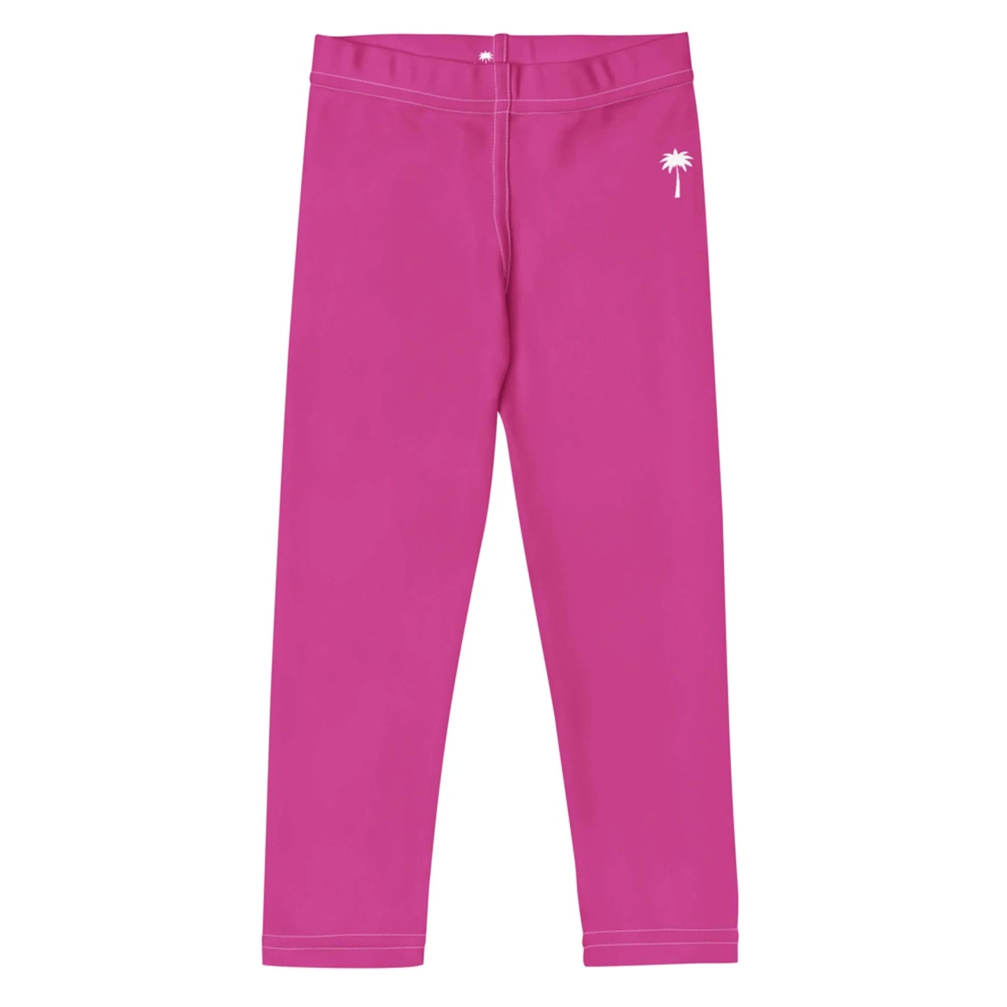 Bright pink Mambí leggings with a white palm tree graphic on the upper left hip, featuring an elastic waistband and visible stitching. The leggings are laid flat on a white background.
