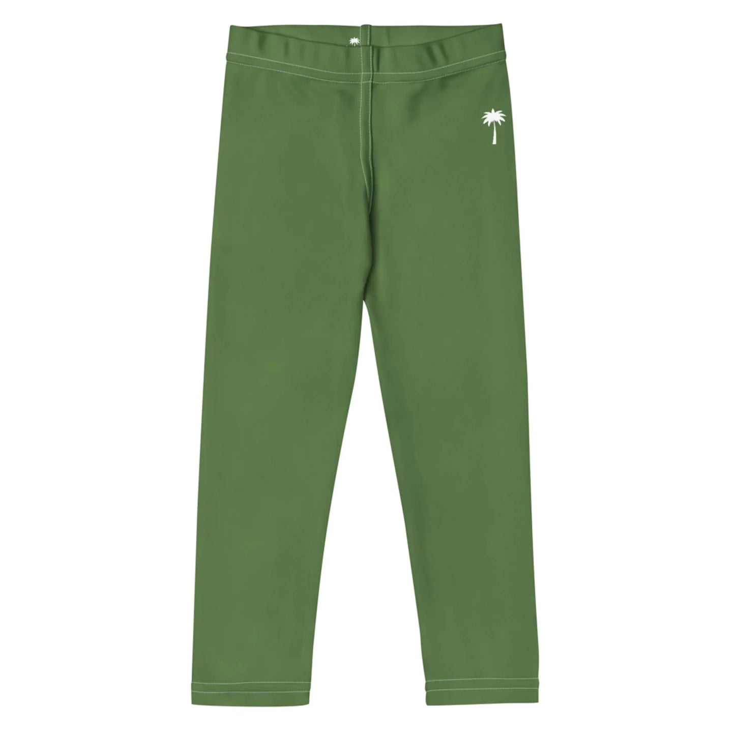 Green Mambí leggings with a white palm tree graphic on the left hip, displayed flat on a white background. The leggings feature visible stitching and an elastic waistband.