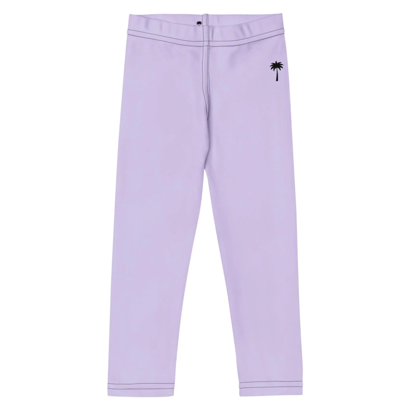 Light purple Mambí leggings with a black palm tree graphic on the left hip and subtle stitched detailing at the waistband and cuffs, displayed on a white background.